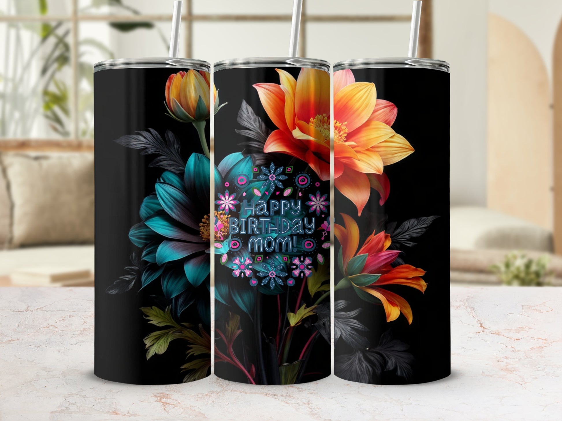 Black tumbler with colorful floral design and "Happy Birthday Mom!" text.