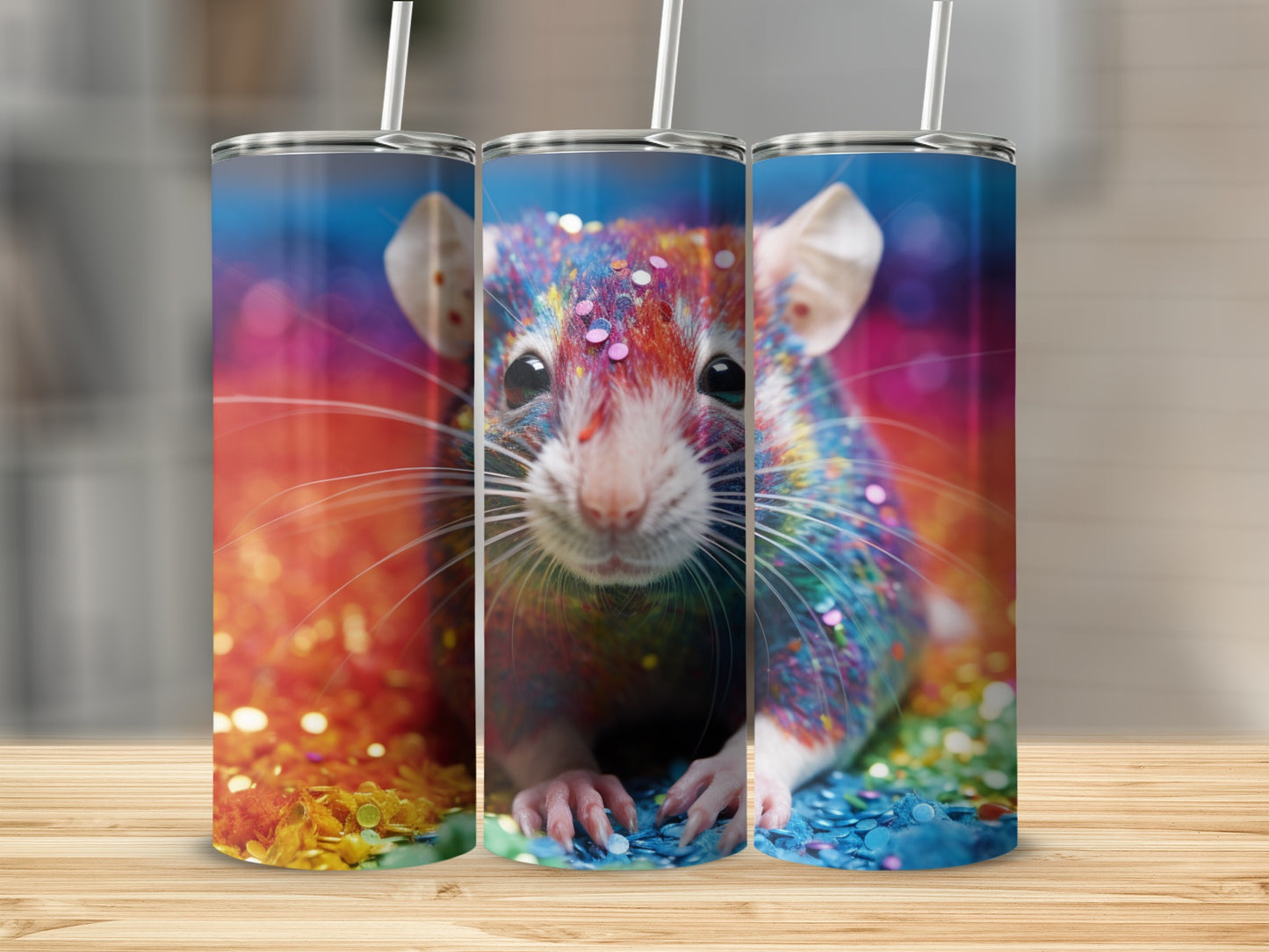 Triptych of a colorful rat covered in glitter with bokeh background.