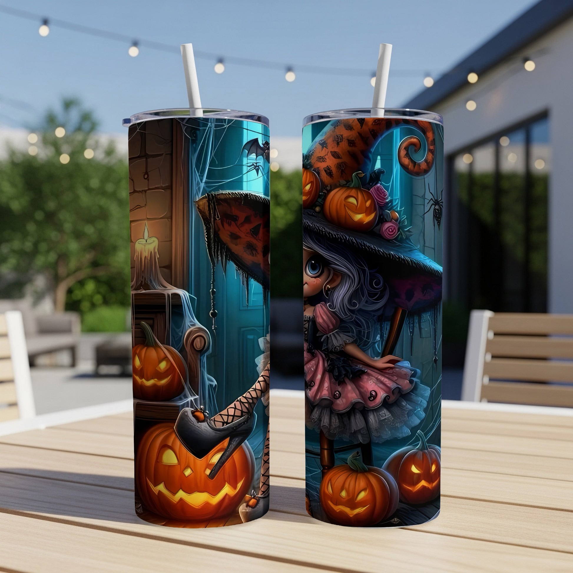 Two Halloween-themed tumblers featuring a witch and pumpkins, with a straw in each.