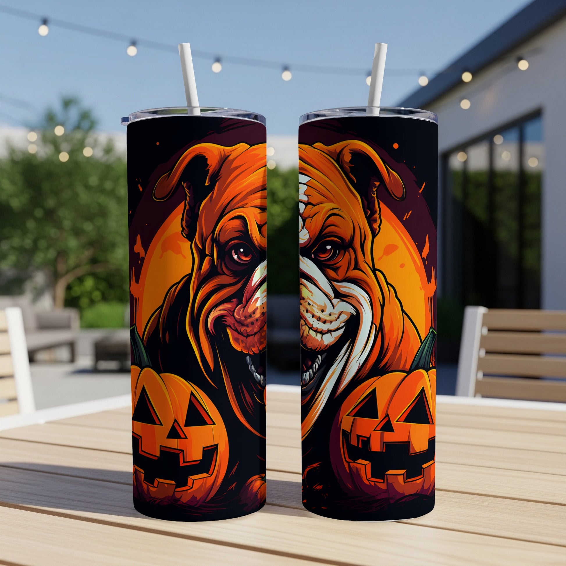 Two tumblers with a Halloween-themed bulldog and jack-o'-lantern design.
