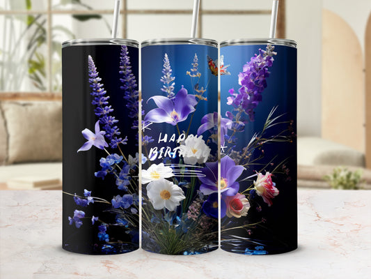 Blue floral tumbler with "Happy Birthday" text and butterfly.