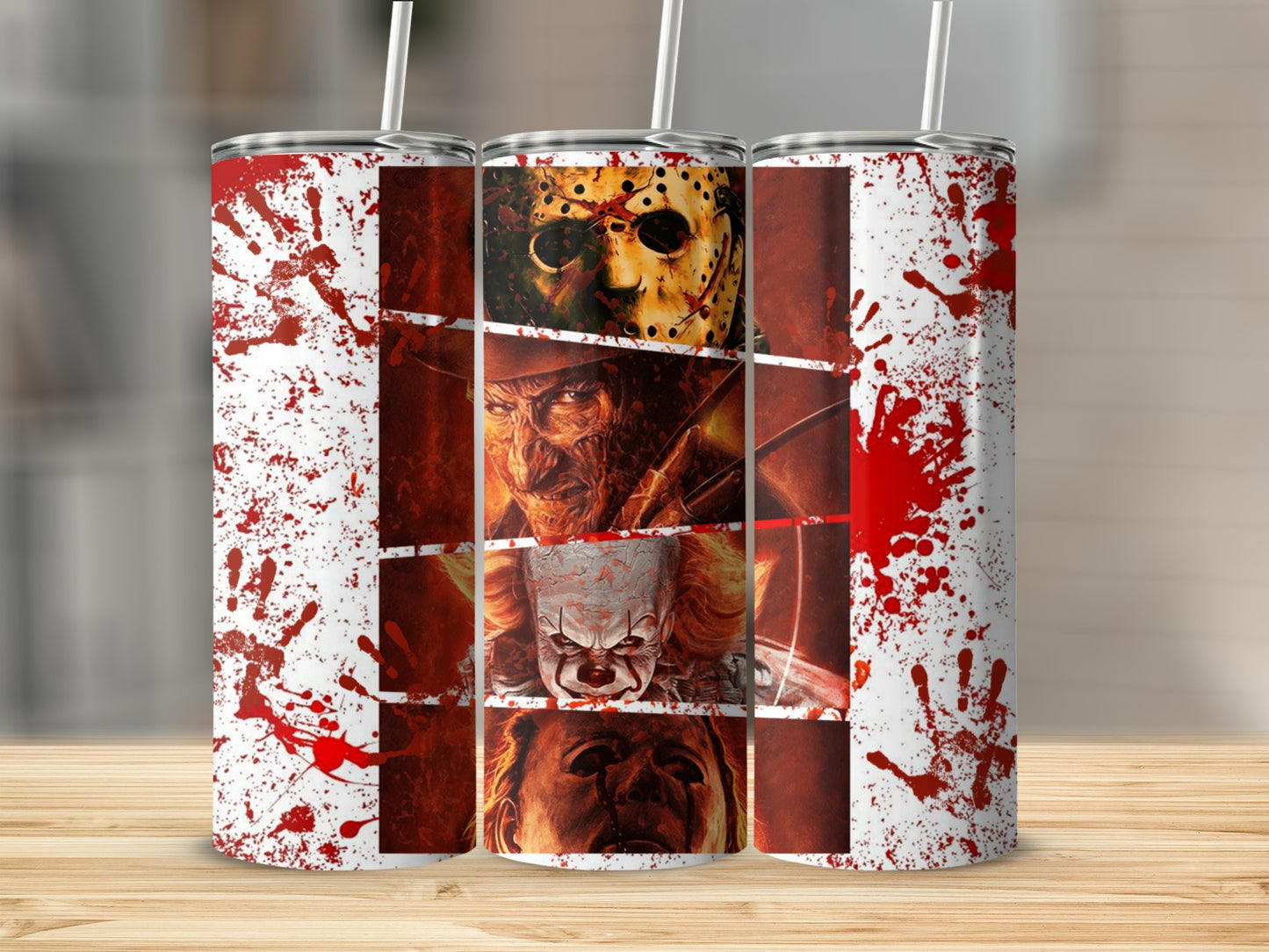 Tumblers with horror movie characters and blood splatters.