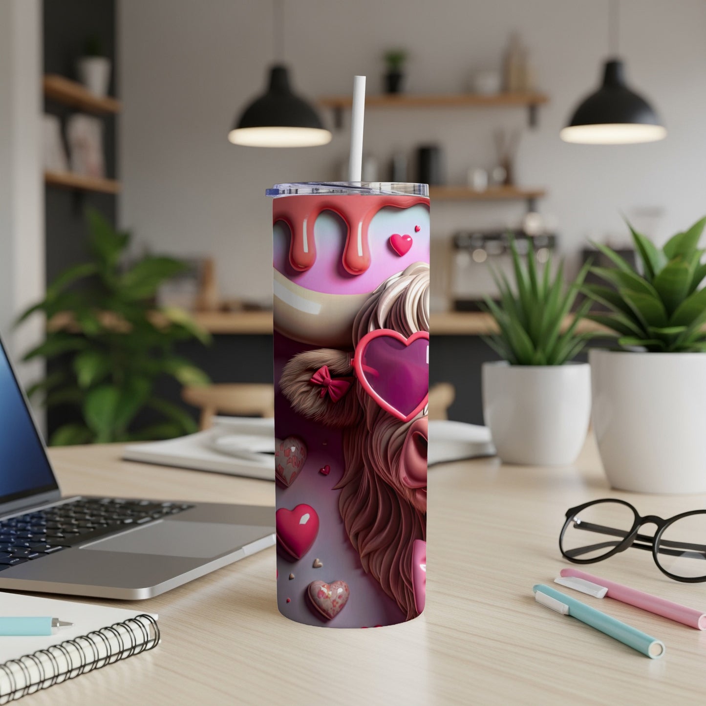 Cow with heart sunglasses and bow on a tumbler with hearts.