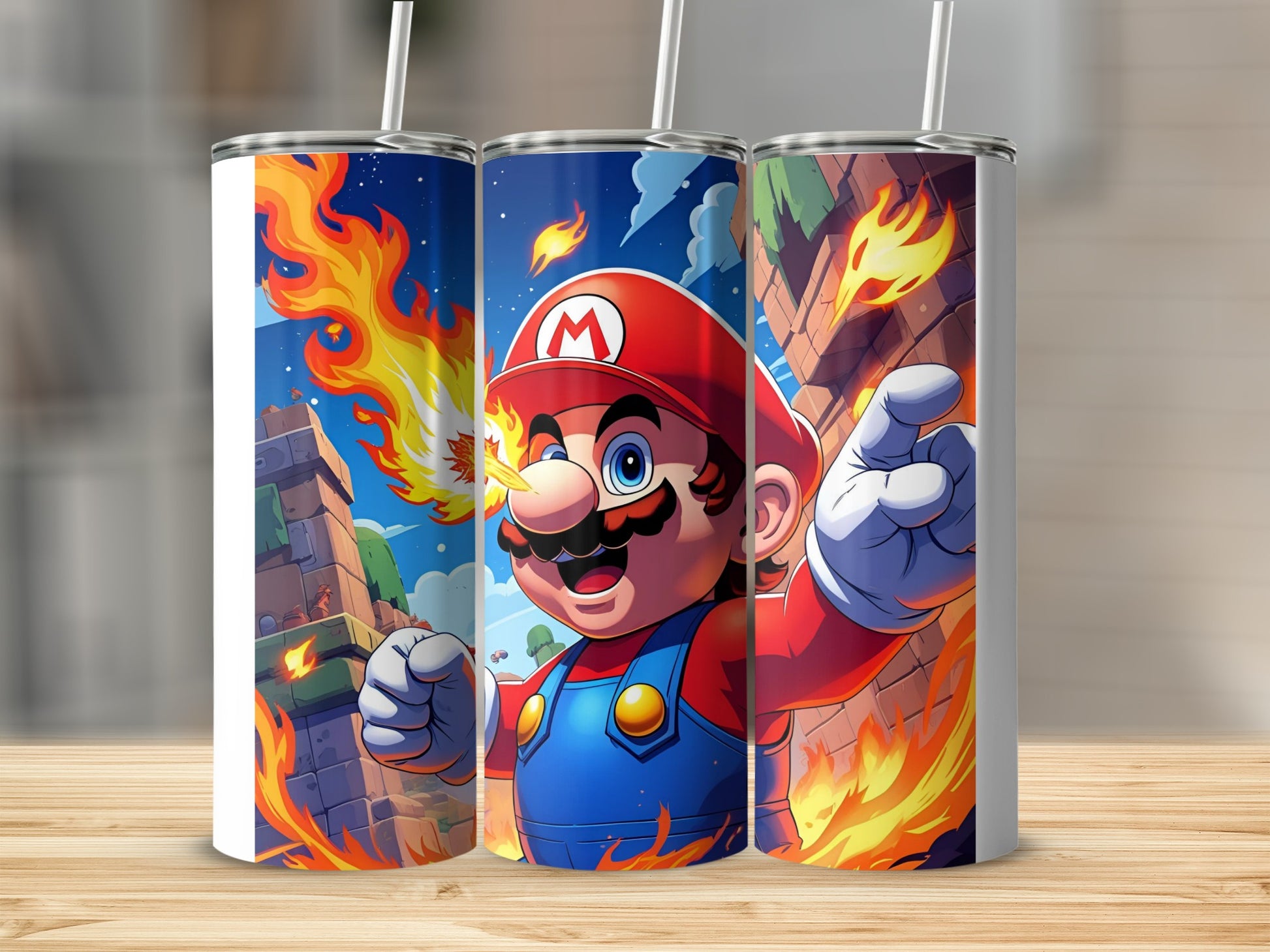 Mario in front of flames, with a brick background and a white straw.