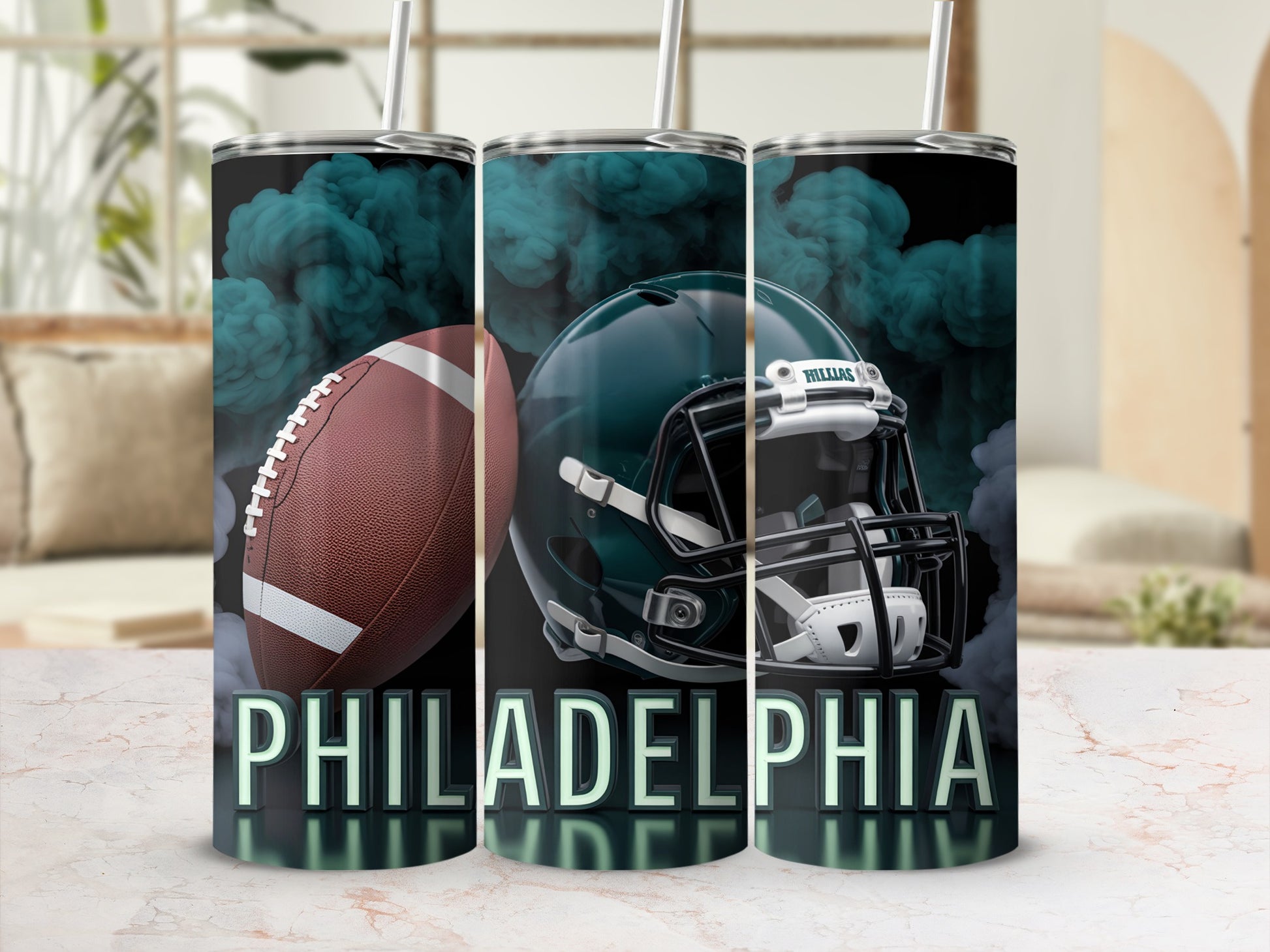 Tumbler with Philadelphia Eagles helmet, football, and smoky accents.