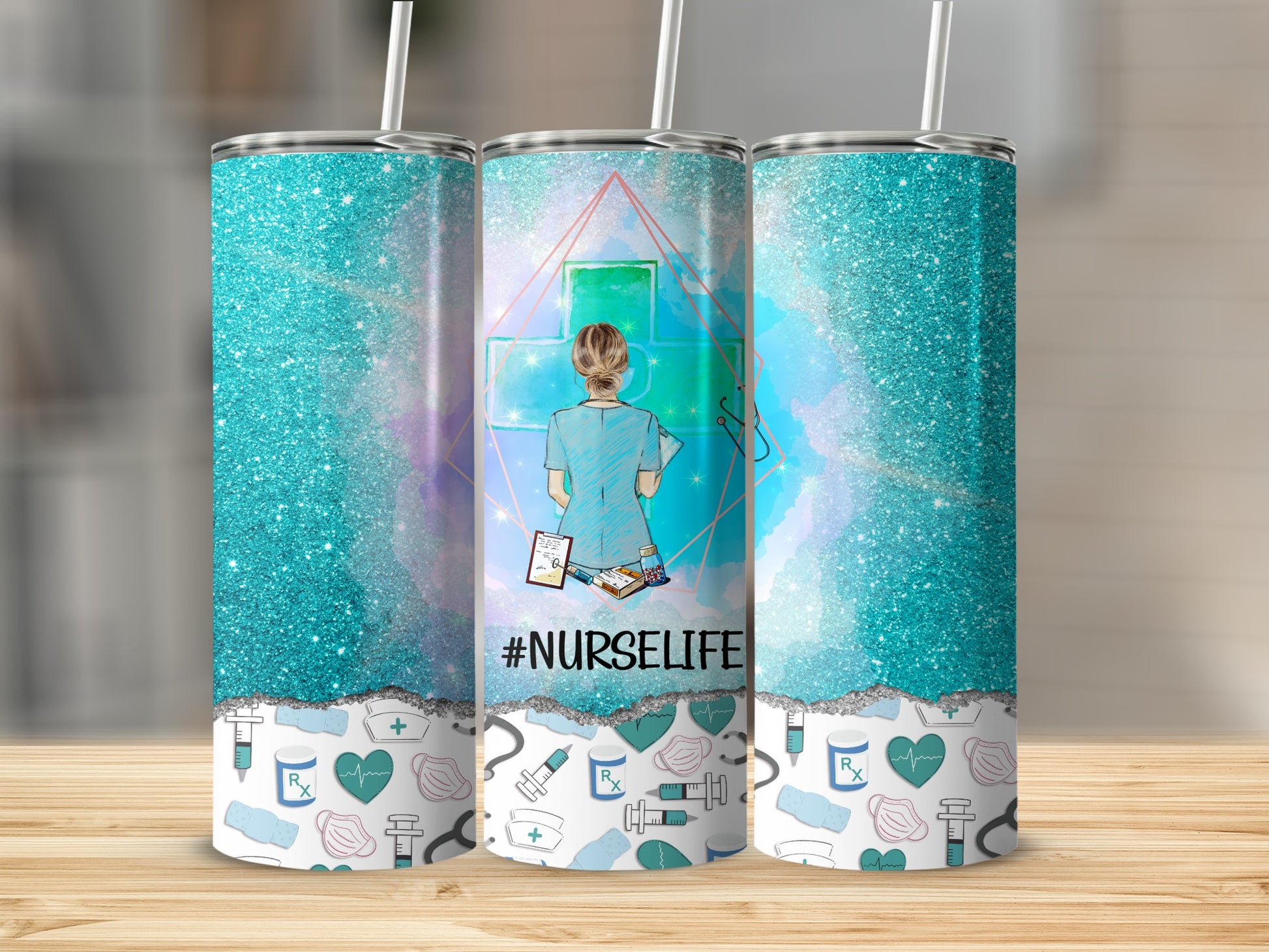 Nurse life tumbler with medical icons and glitter design.