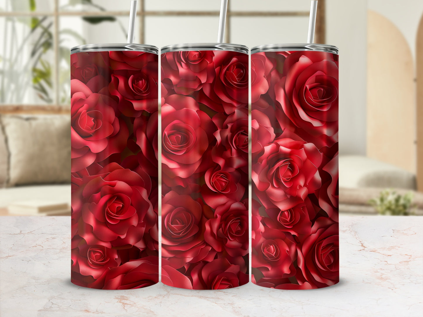 Three tumblers with a repeating pattern of deep red roses.