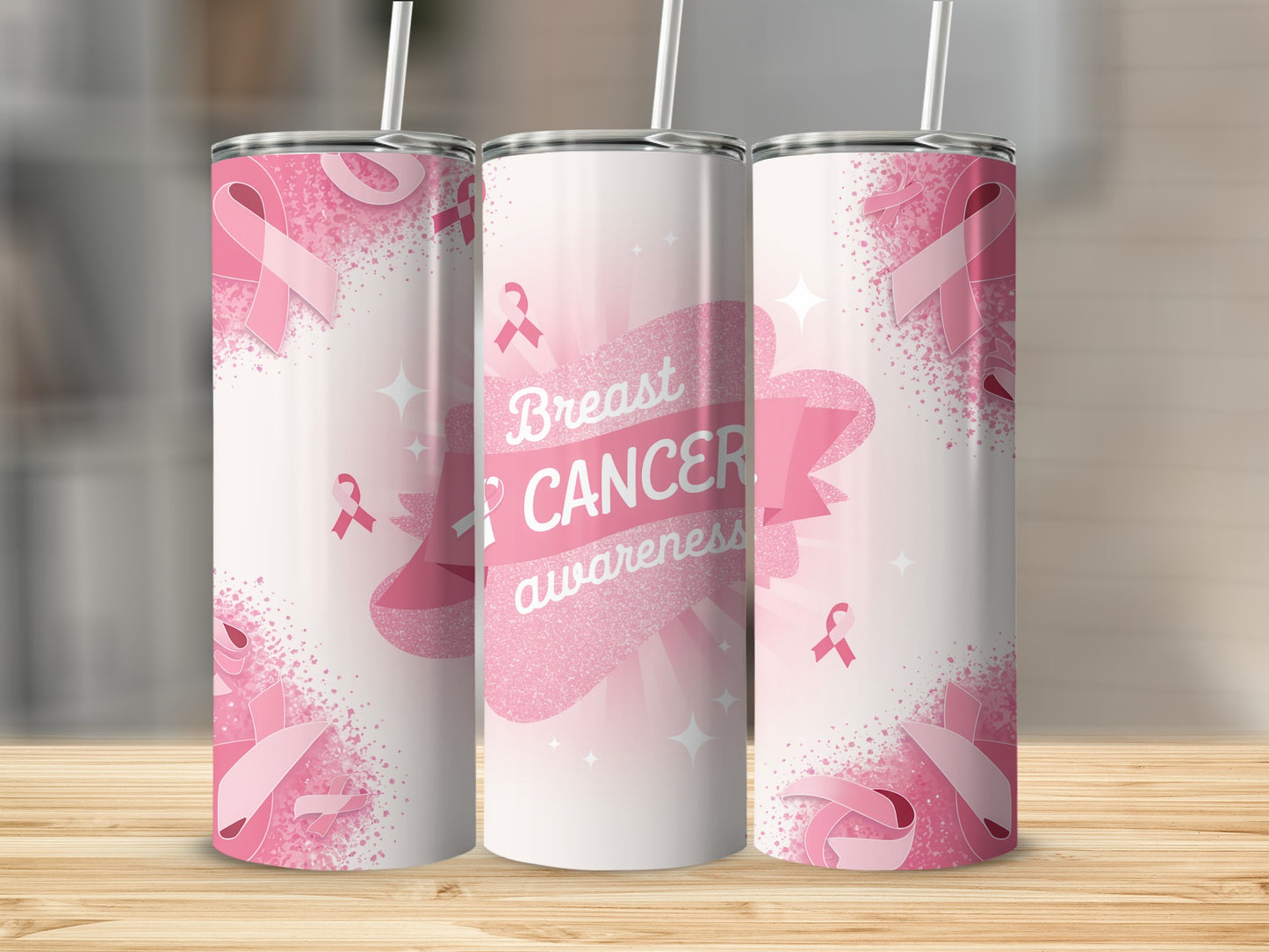 Pink breast cancer awareness tumbler with ribbons and glitter.