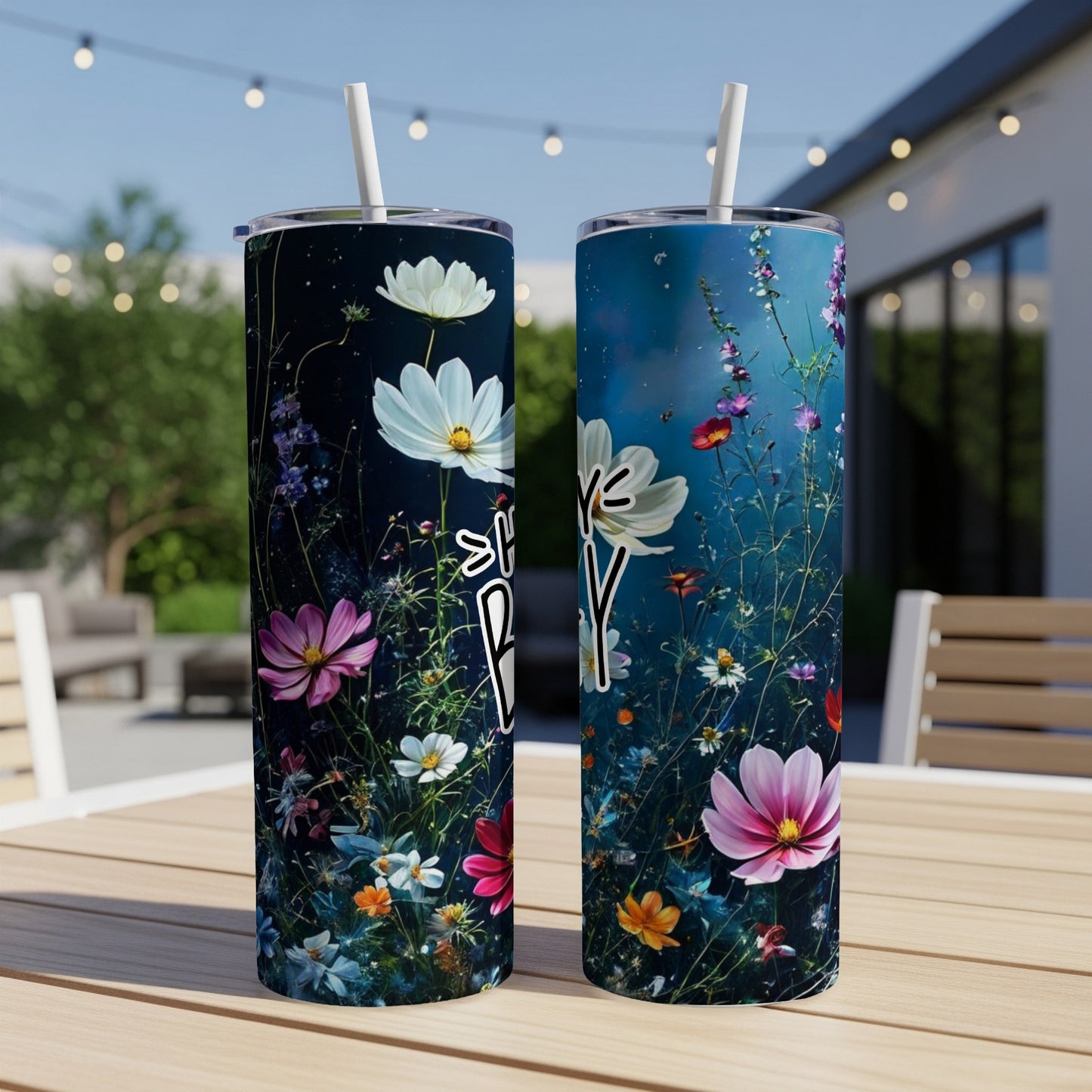 Two tumblers with floral designs, one with "Spring Vibes" text.