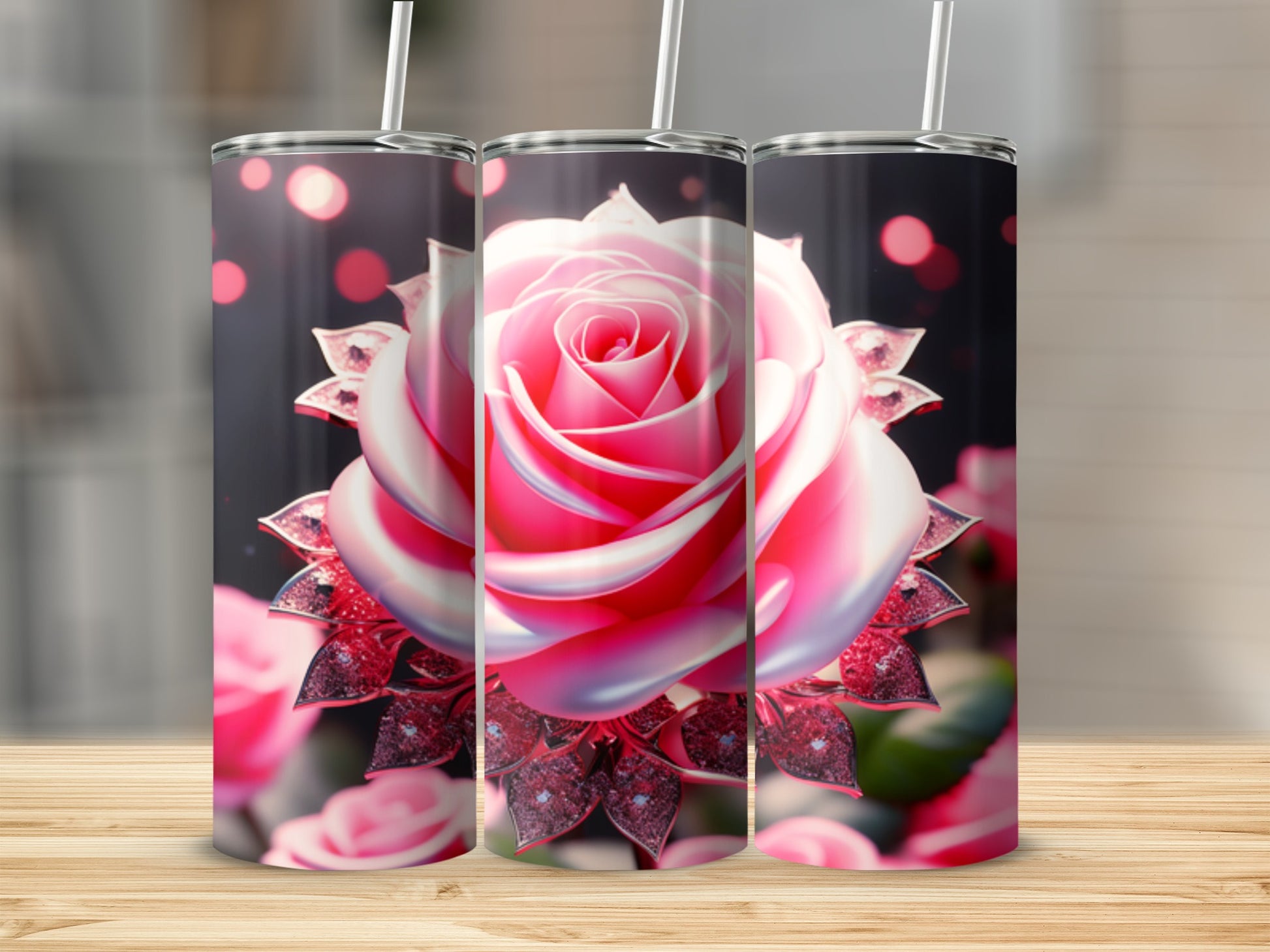 Pink rose and sparkles on a cylindrical tumbler.