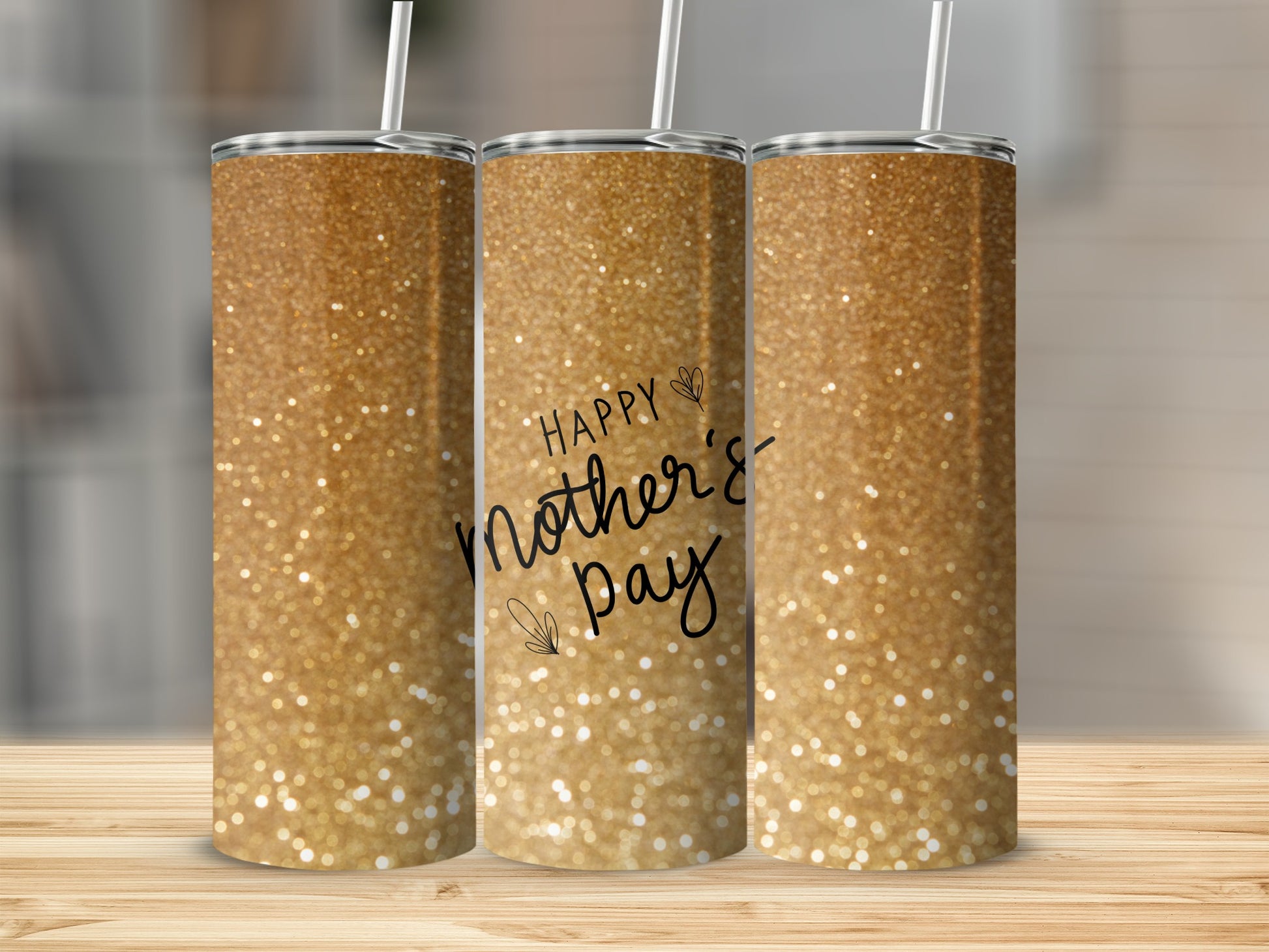Gold glitter tumbler with "Happy Mother's Day" text.
