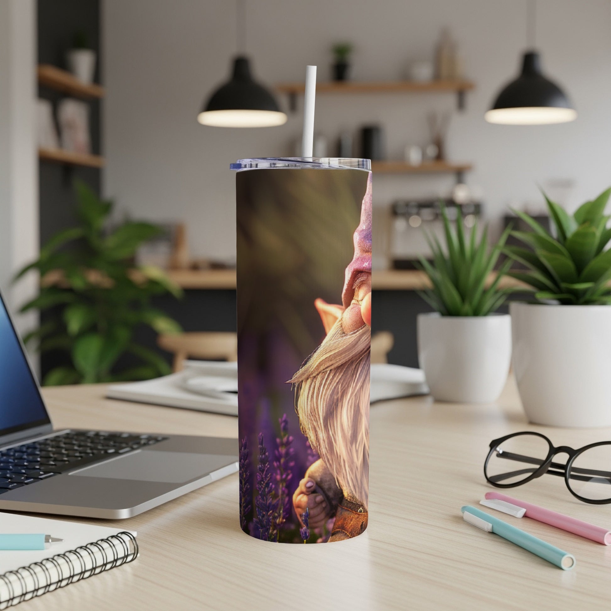 Tumbler featuring a close-up of a gnome with a long beard, set against a blurred background.