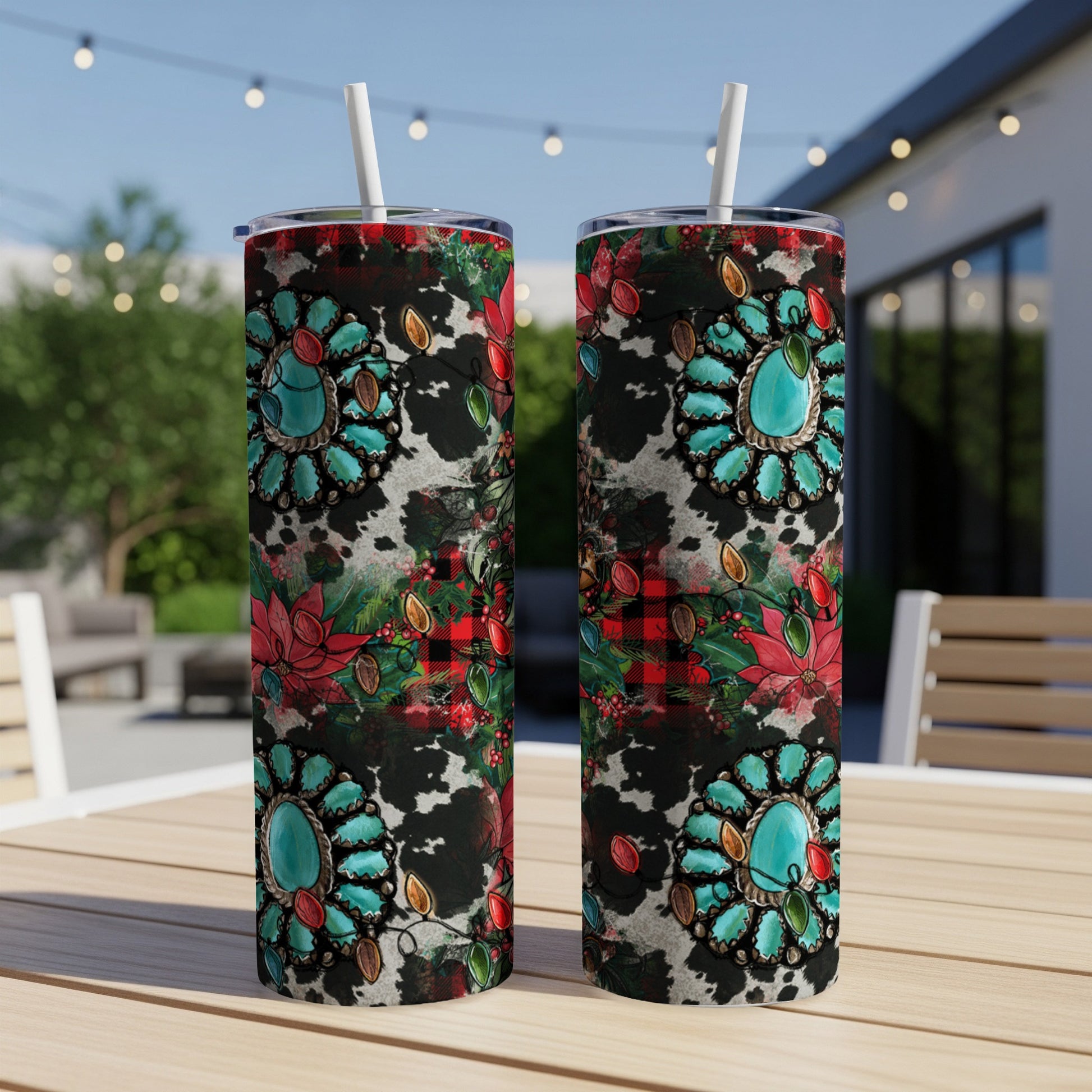 Two tumblers with turquoise concho, floral, and buffalo plaid designs.