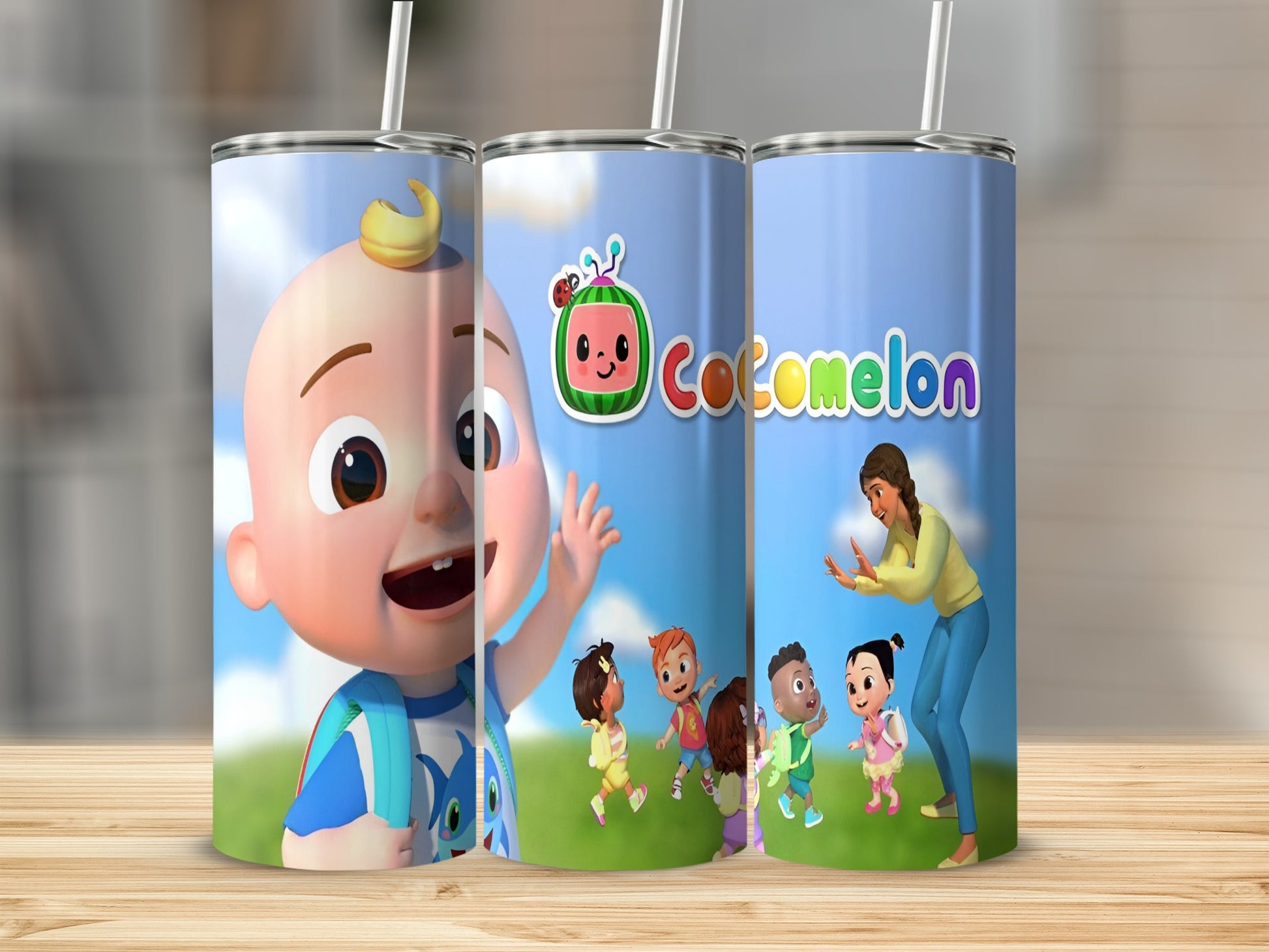 Cocomelon characters JJ, family, and friends with logo on a tumbler.