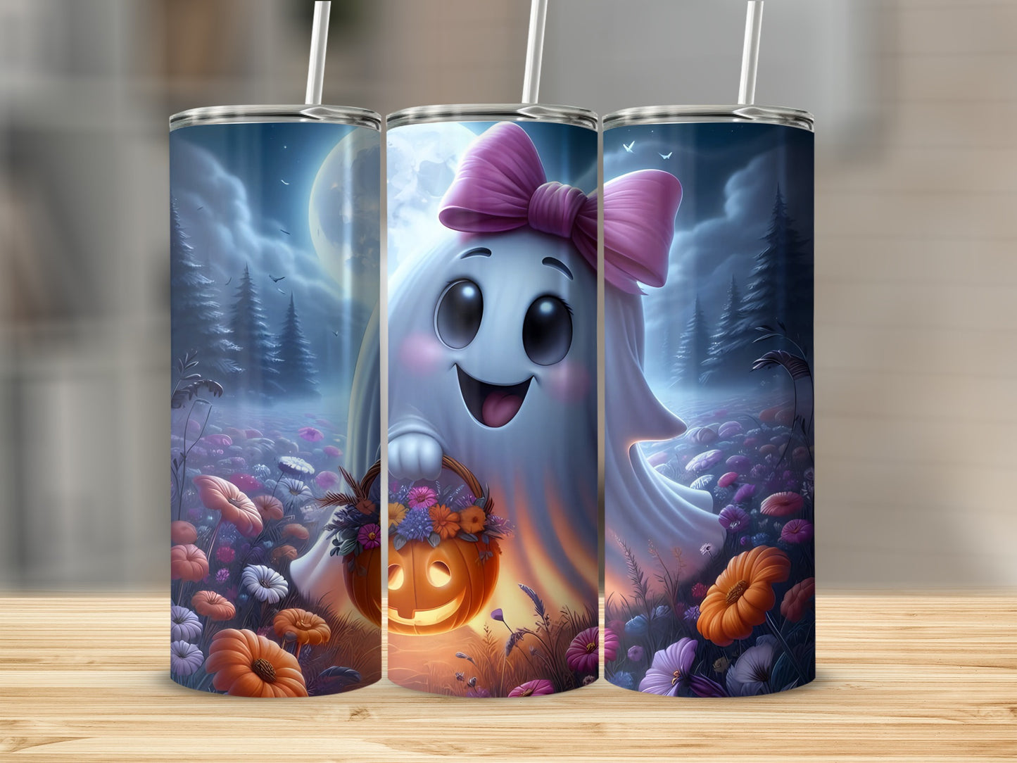 Three tumblers with a whimsical ghost holding a pumpkin basket in a moonlit floral field.