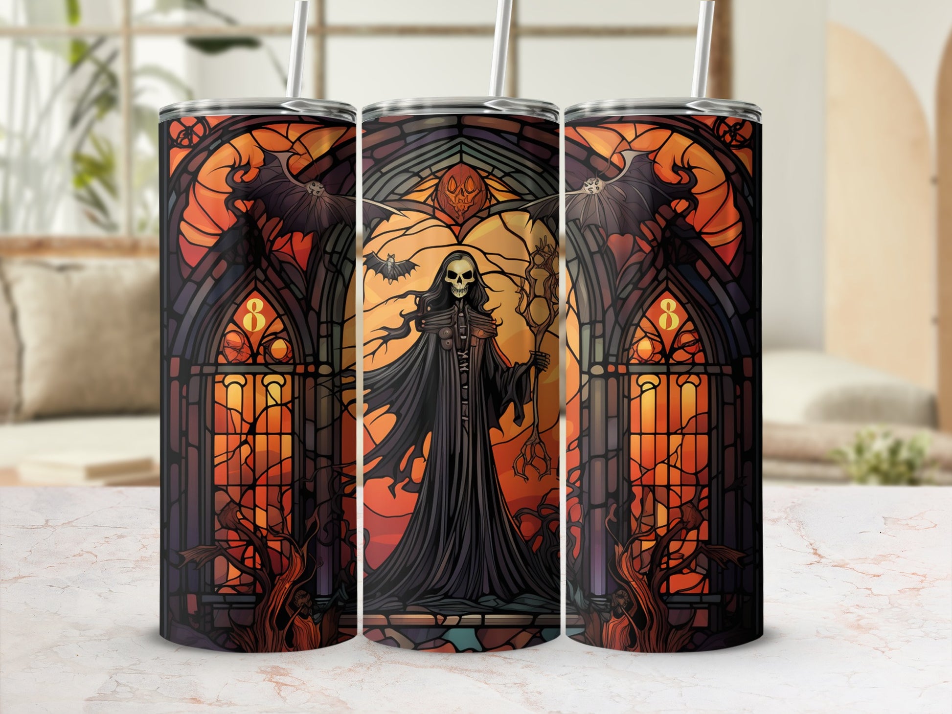Grim Reaper in stained glass style on a tumbler with bats and pumpkin.