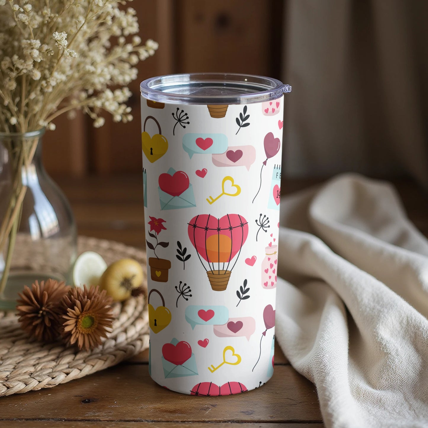 Colorful Heart and Hot Air Balloon Design Tumbler