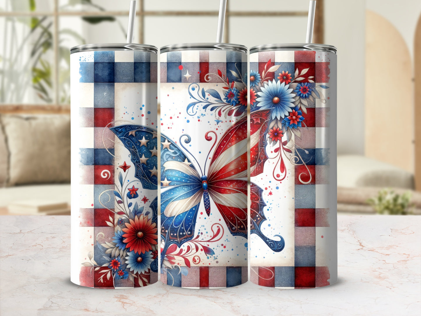 American flag butterfly with red, white, and blue plaid background.