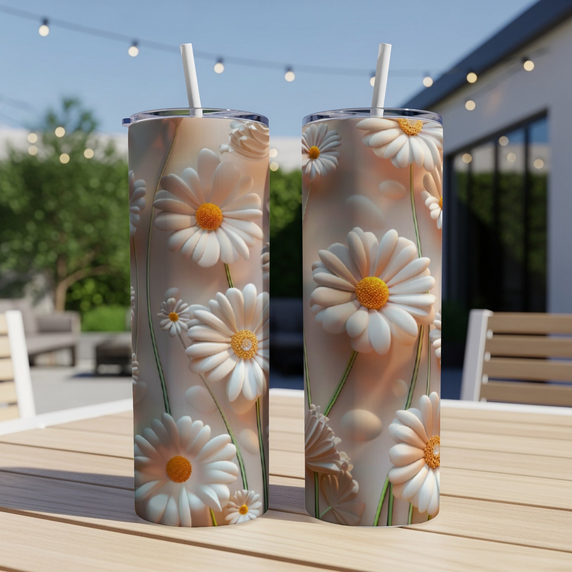 Two tumblers with white and yellow daisy floral design on an outdoor table.