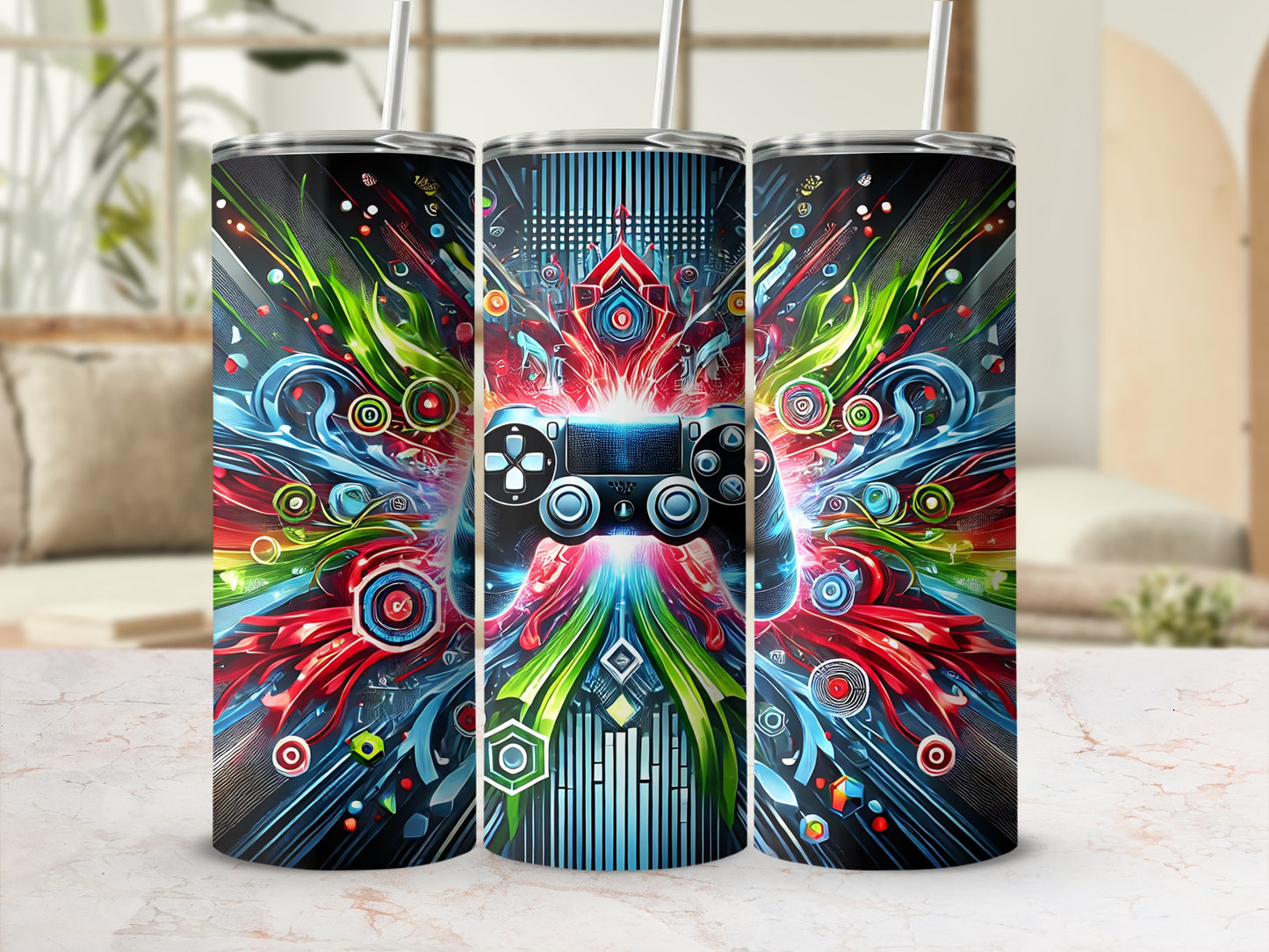 Three tumblers featuring a colorful, abstract video game controller design.