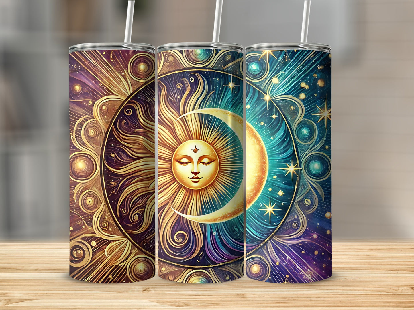 Mystical Sun Moon Mandala Design Golden Purple Blue Tumbler product type