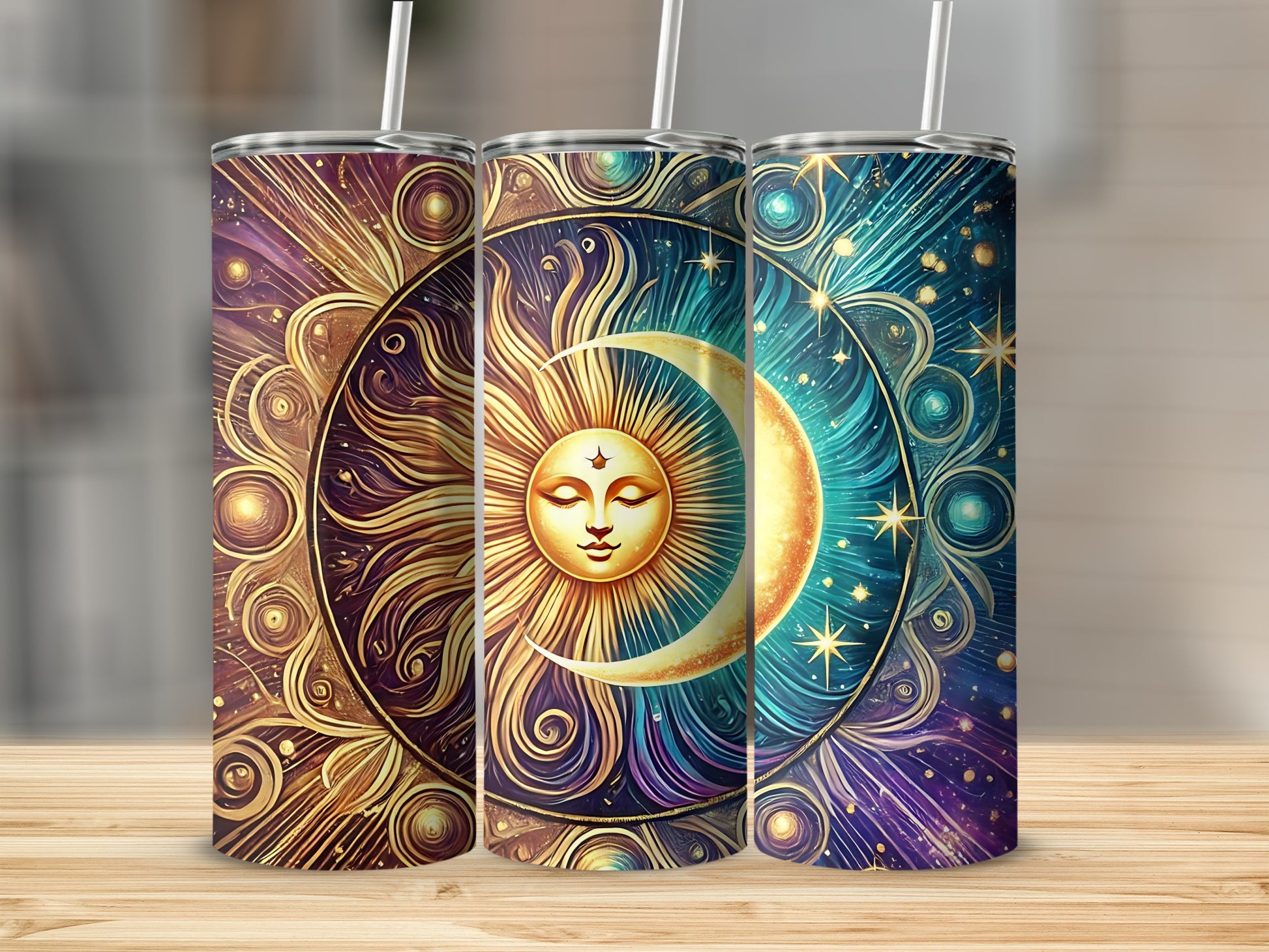 Mystical Sun Moon Mandala Design Golden Purple Blue Tumbler product type