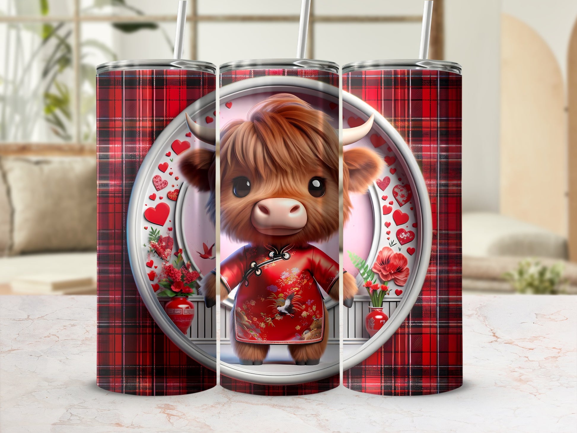 Cute cartoon bull in traditional red Chinese outfit, surrounded by hearts and flowers.