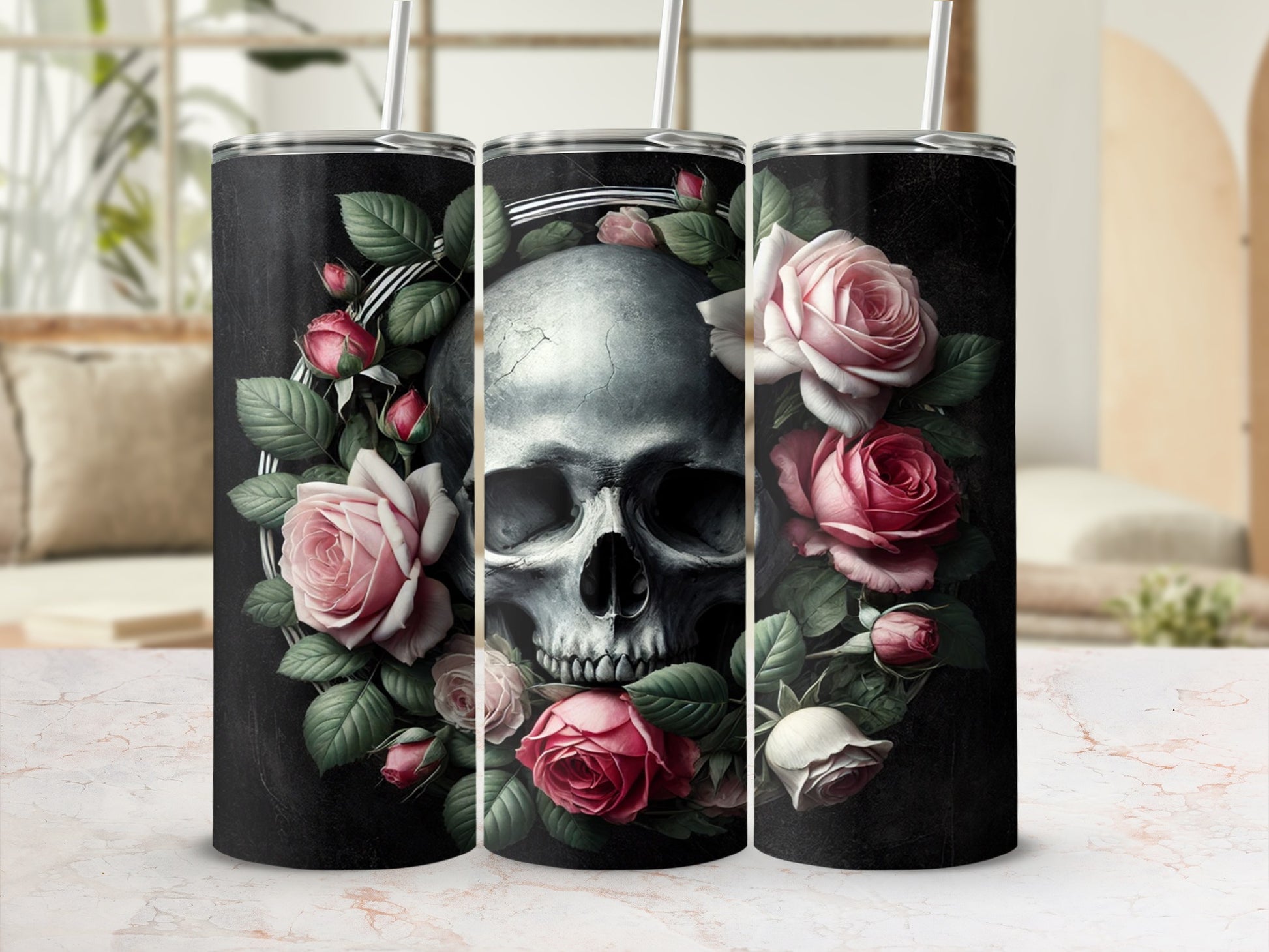 Skull and Roses Dark Floral Art Customized Tumbler