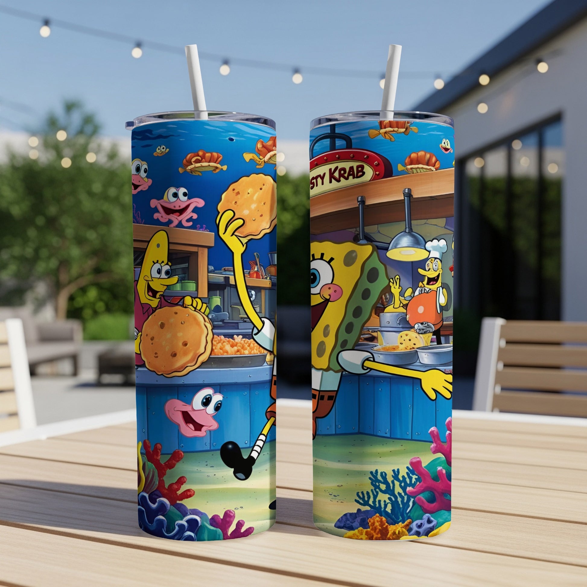 SpongeBob SquarePants character on a tumbler, cooking Krabby Patties.