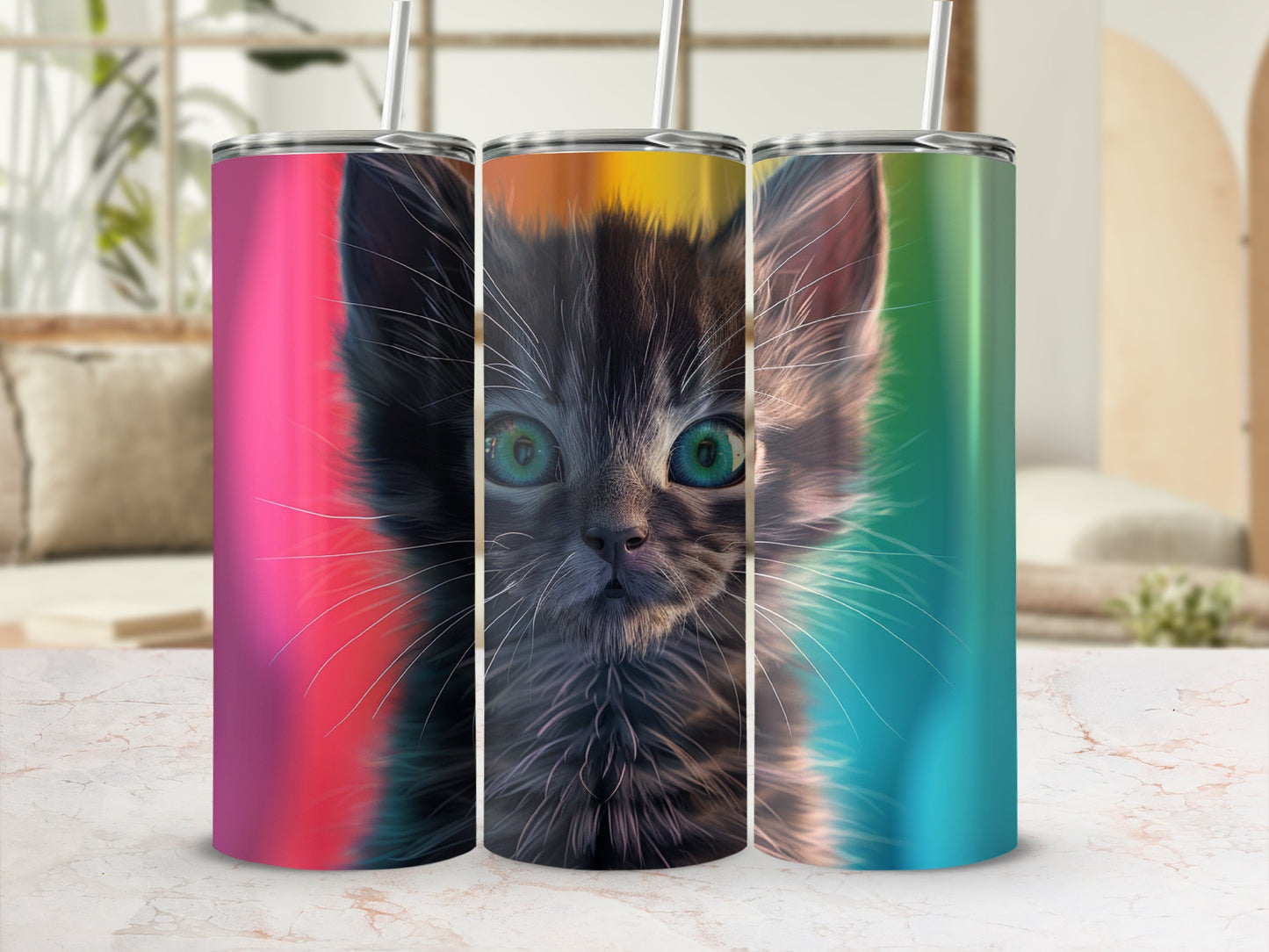 Three tumblers with kitten faces on a counter, blurred background.