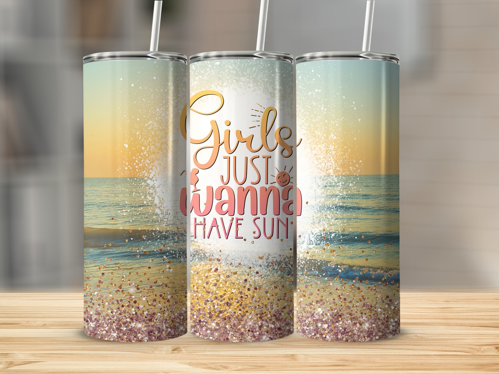 Girls JUST wanna HAVE SUN Tropical Sunset Beach Glitter product type