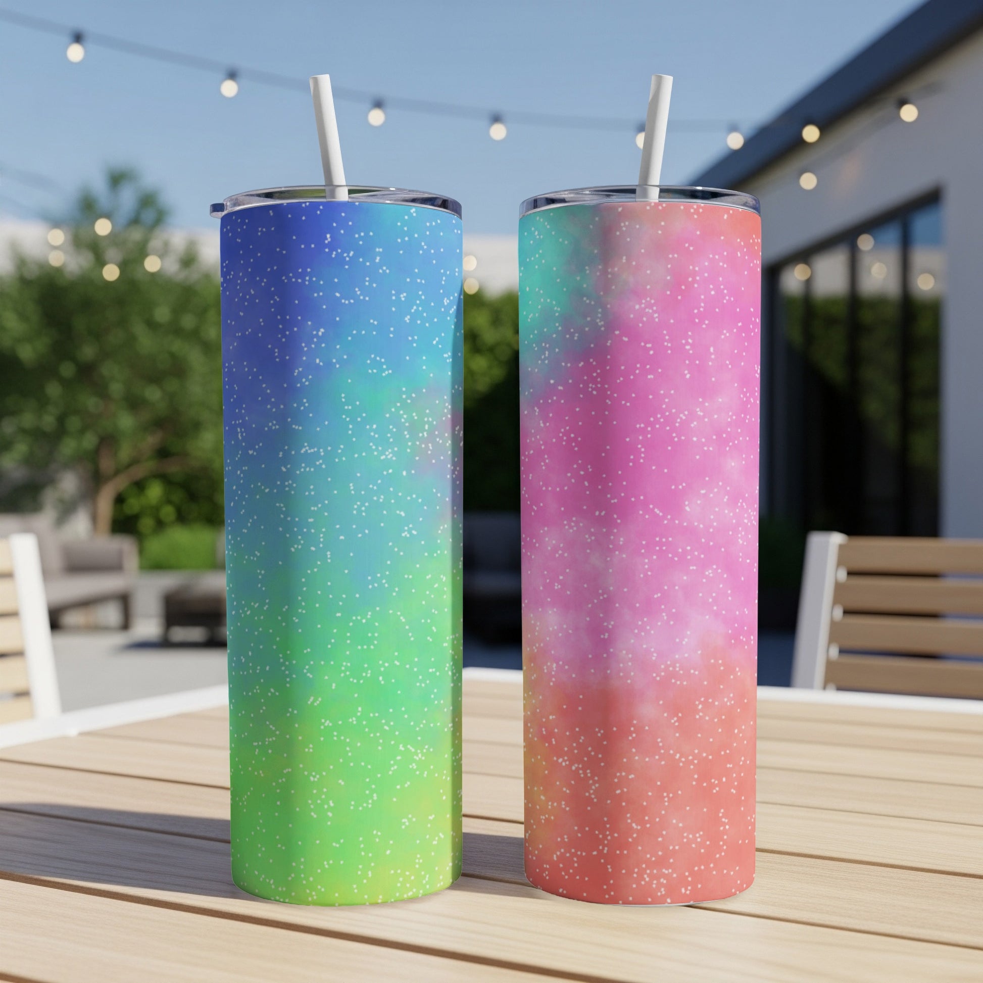 Two tumblers with tie-dye patterns and white speckles.