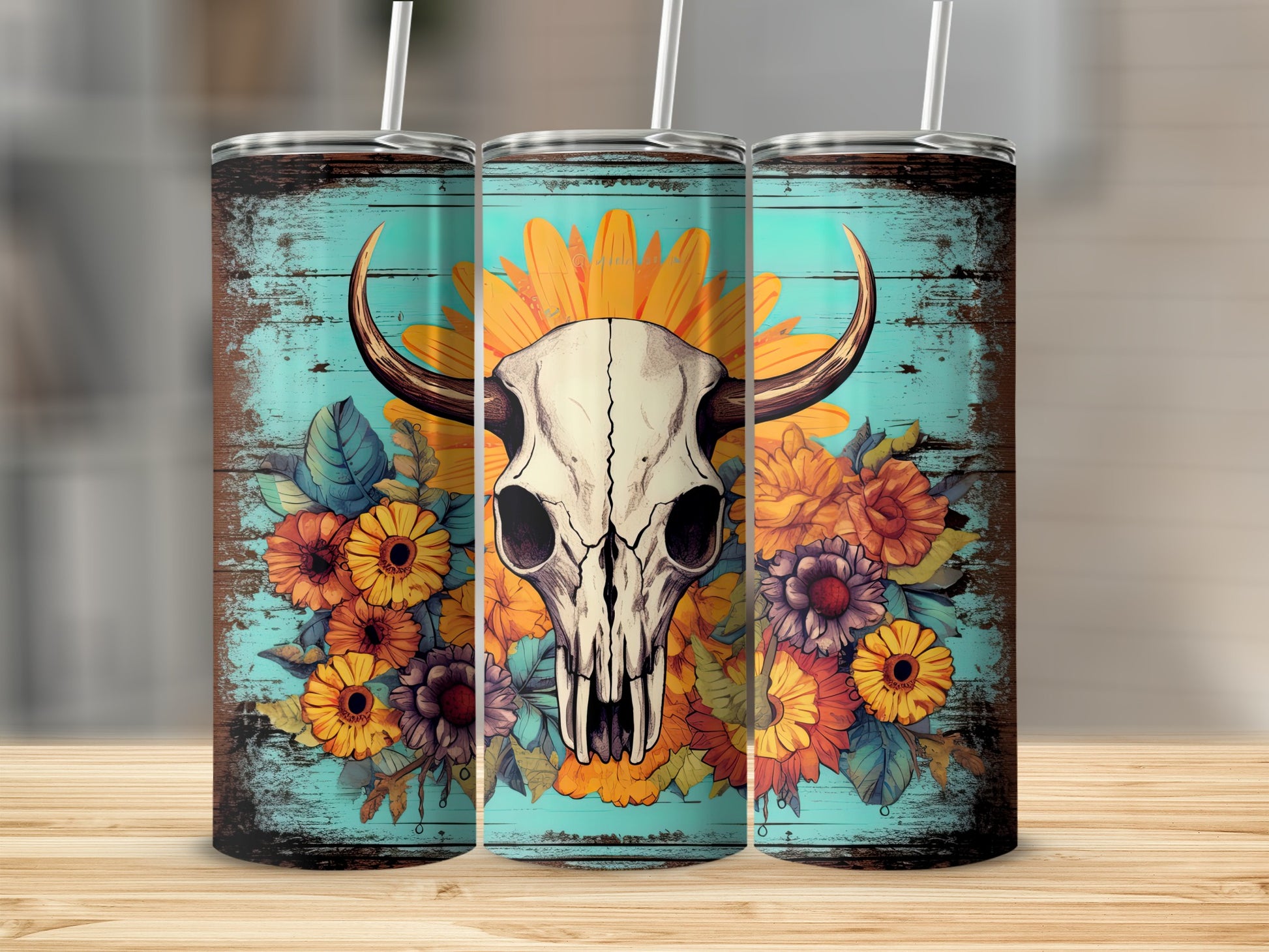 Cow skull with sunflowers and floral accents on weathered wood background.