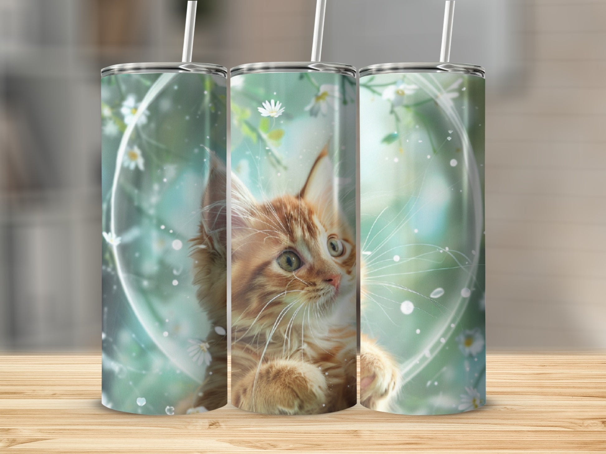 Three tumblers featuring a ginger kitten among flowers and bubbles.