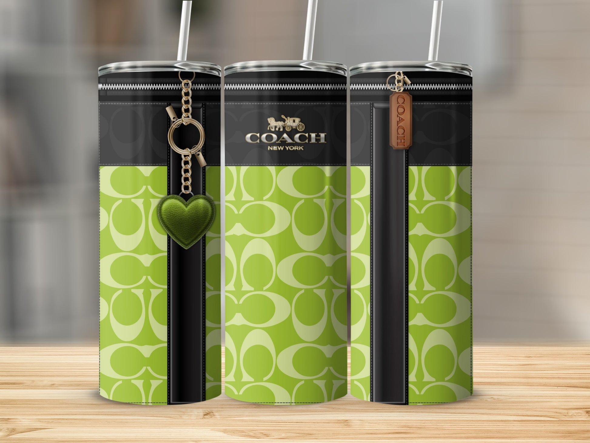 Fashionable Green Coach Pattern Tumbler with Stylish Zipper