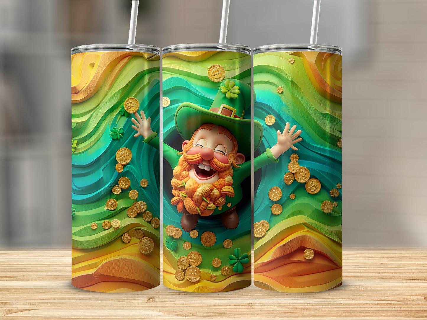 Leprechaun with gold coins and shamrocks on a St. Patrick's Day tumbler.