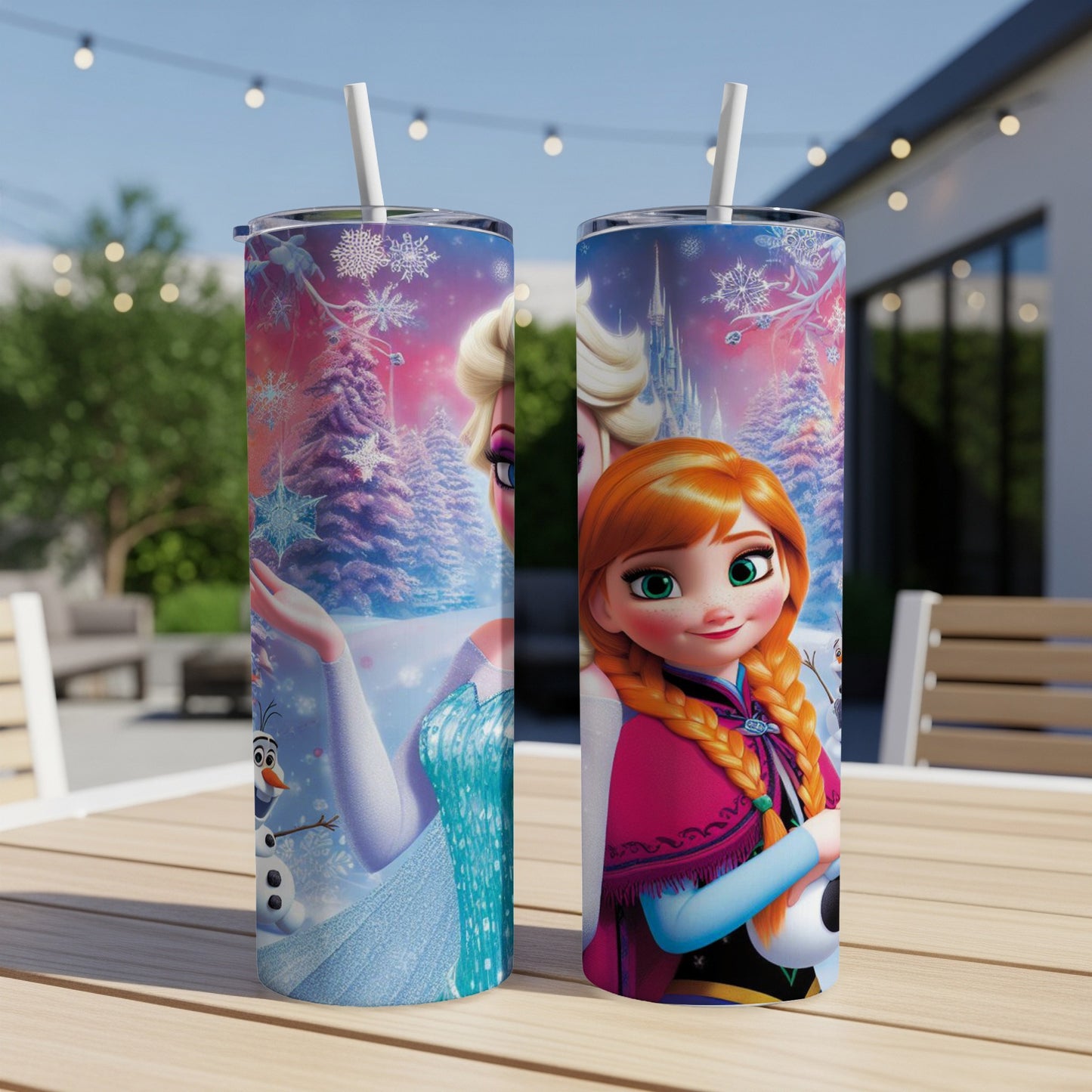 Frozen characters Anna and Elsa on a tumbler with a snowy forest background.