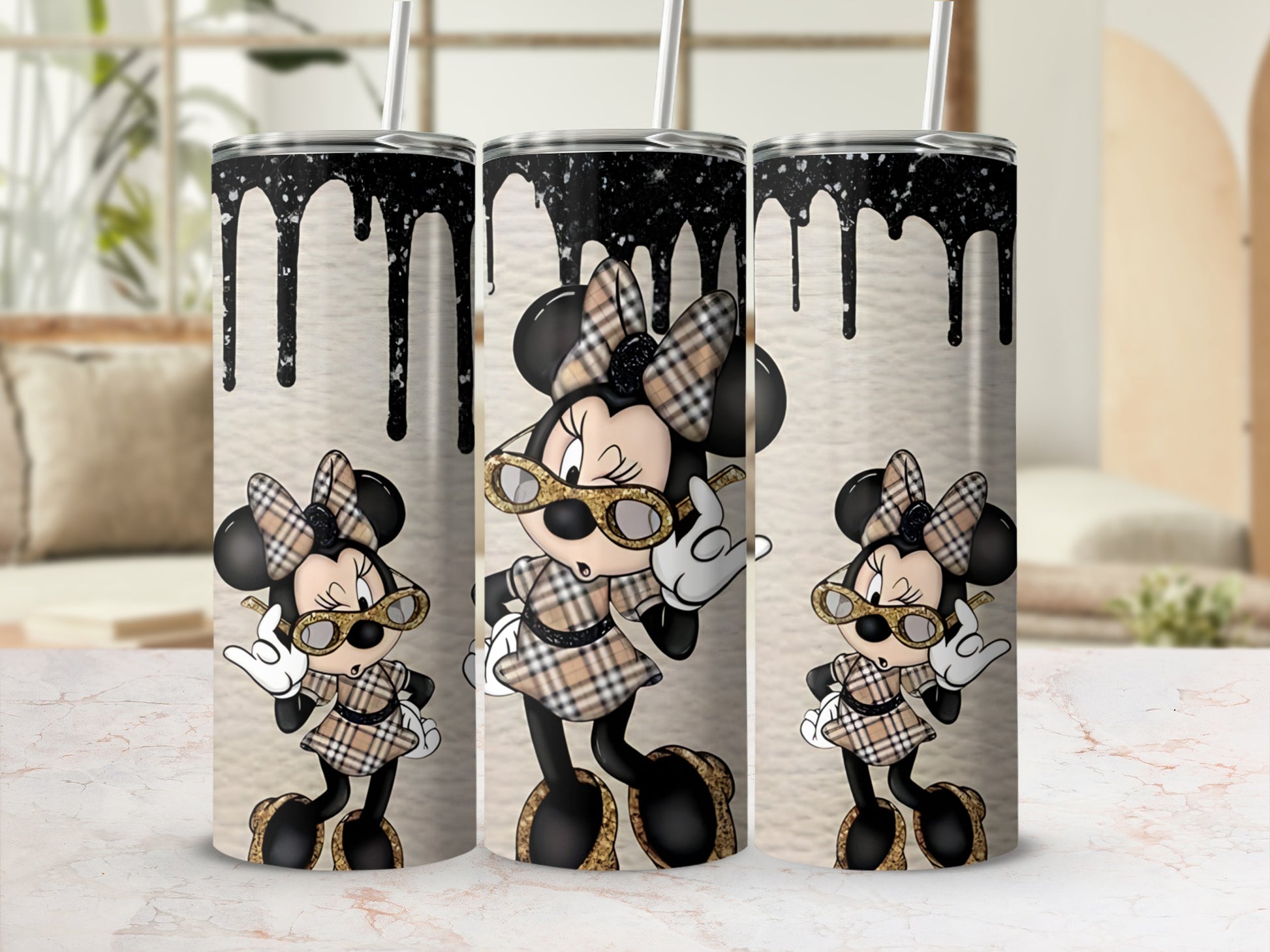 Chic Minnie Mouse Tumbler With Dripping Paint Design