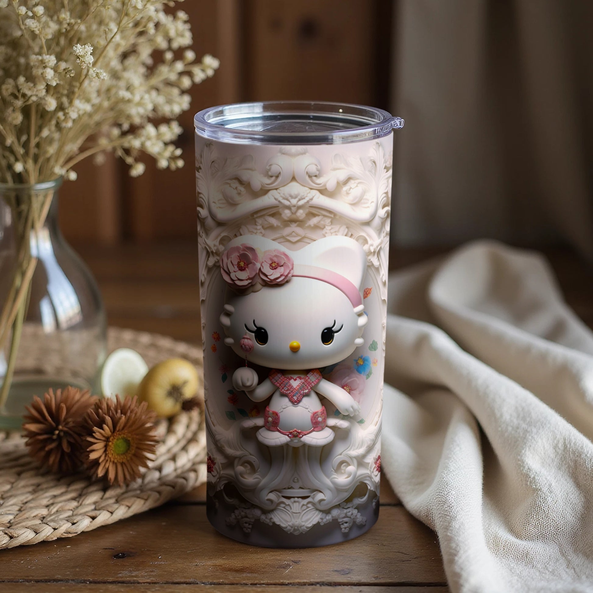 Adorable Floral Hello Kitty Themed Drink Tumbler