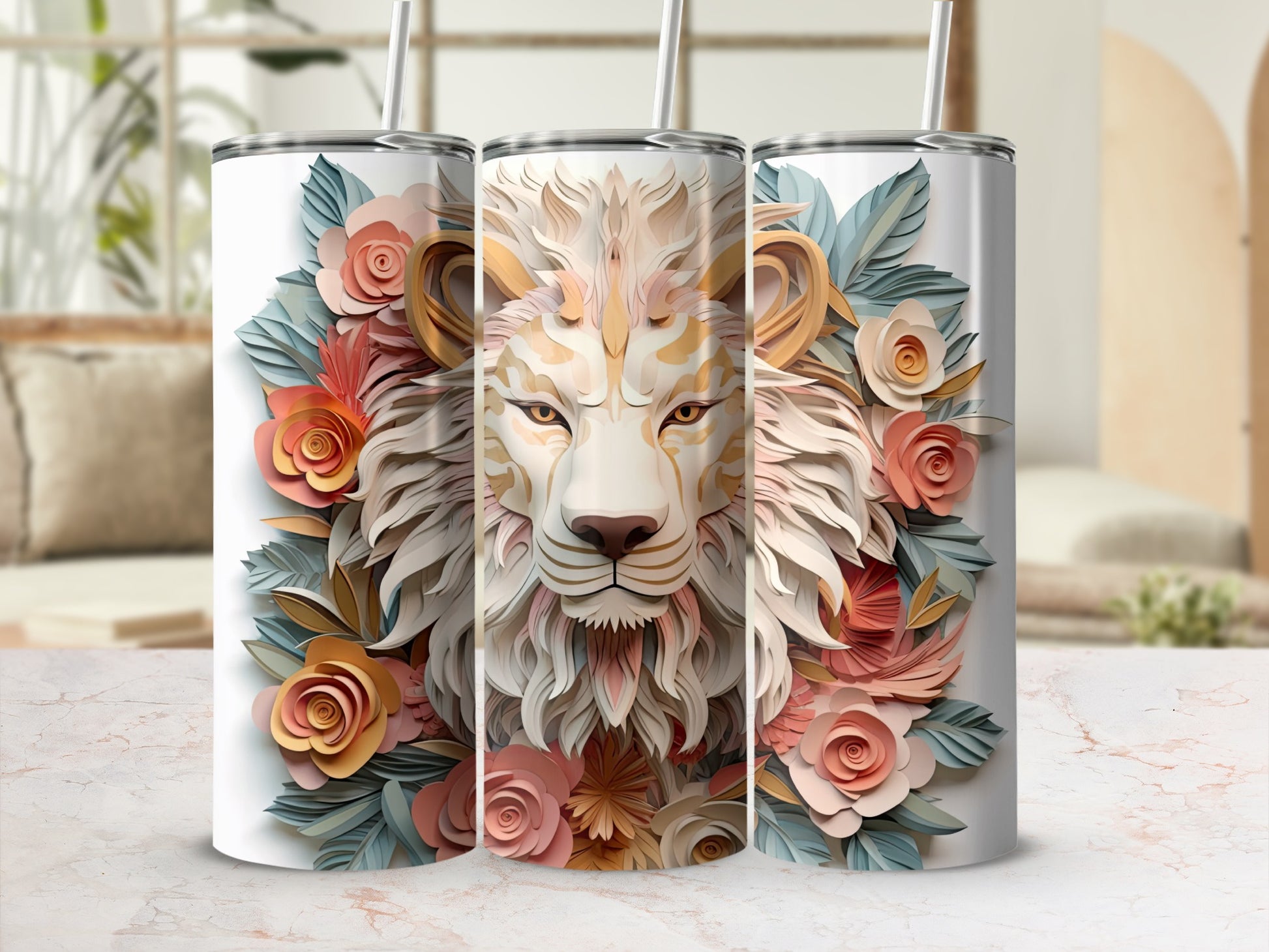 Tumbler with a fierce lion head and floral accents.