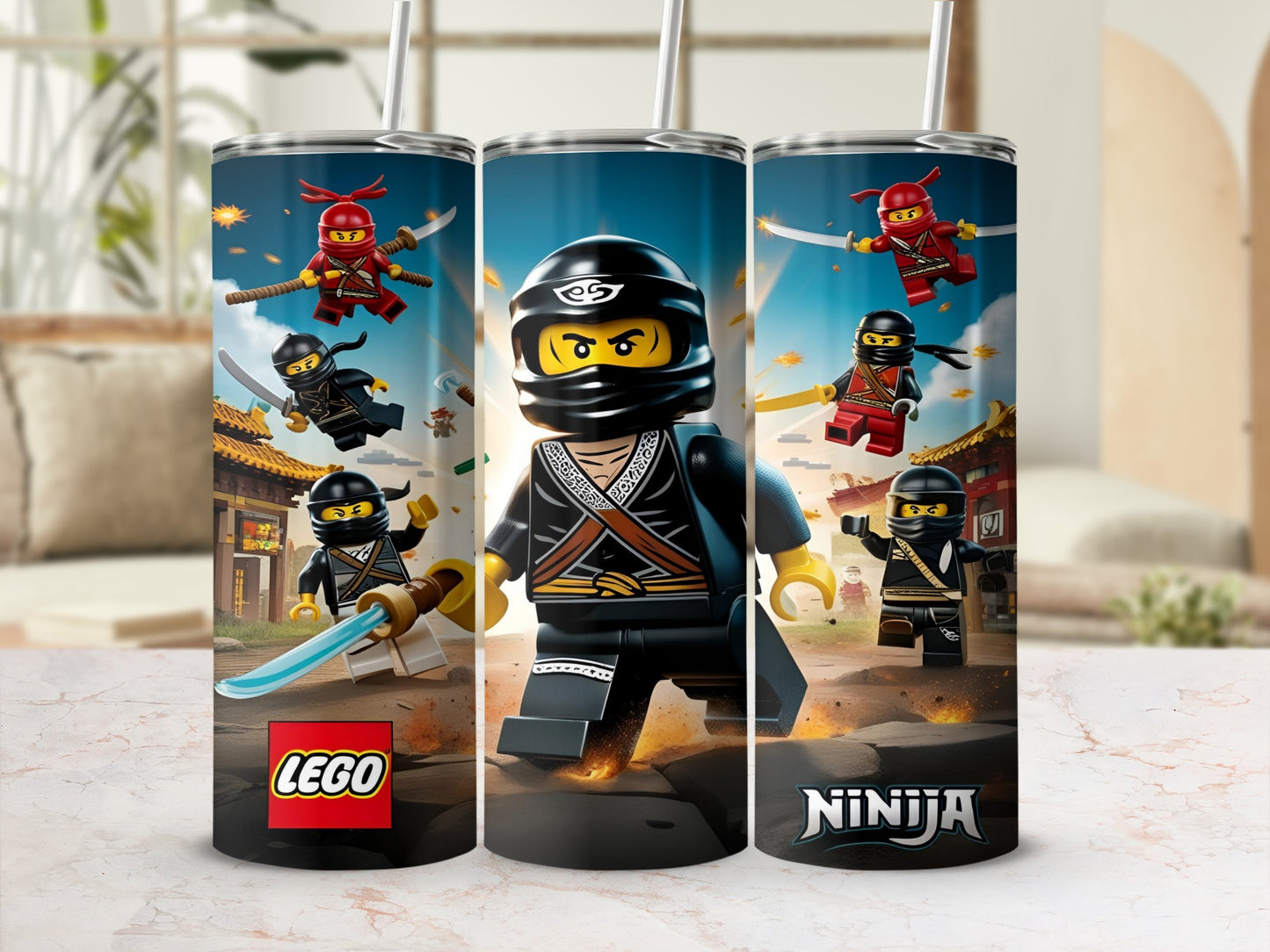 LEGO Ninjago characters on a tumbler with "LEGO" and "NINJA" logos.