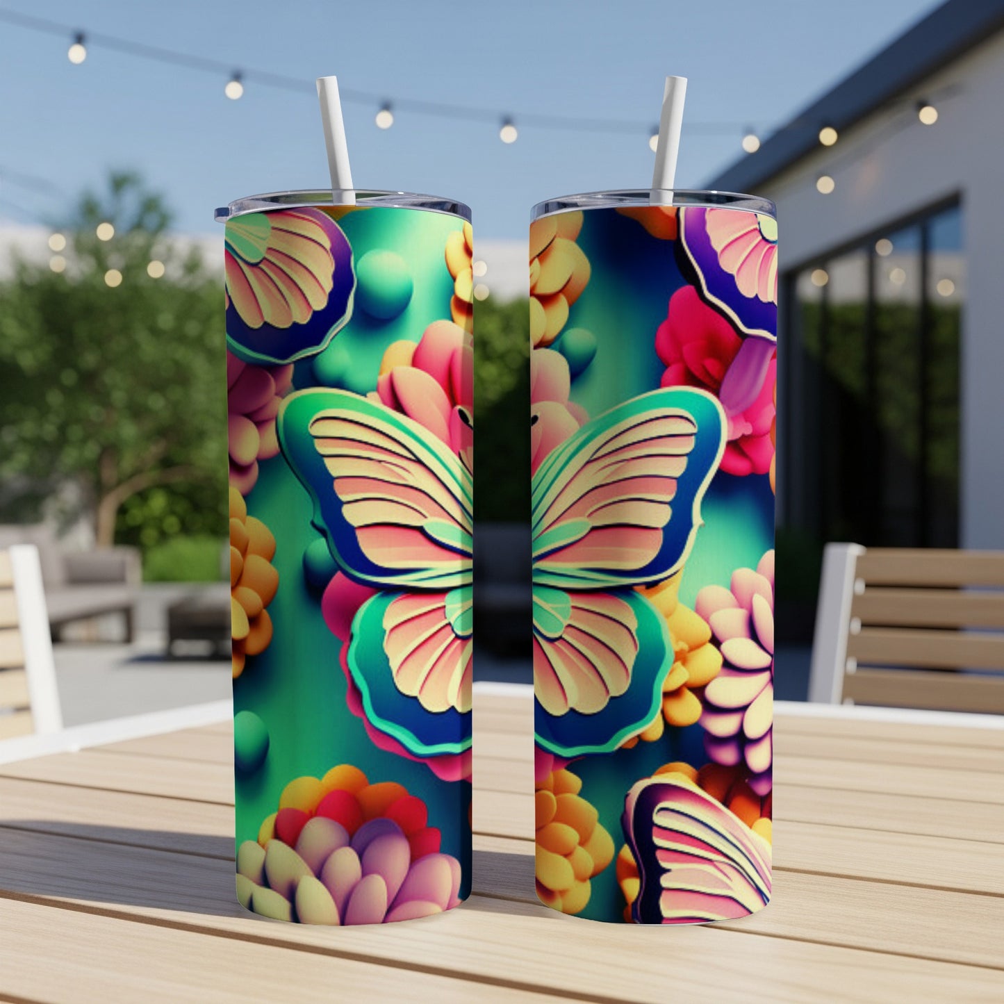 Two tumblers with a butterfly and floral design, on a table outdoors.