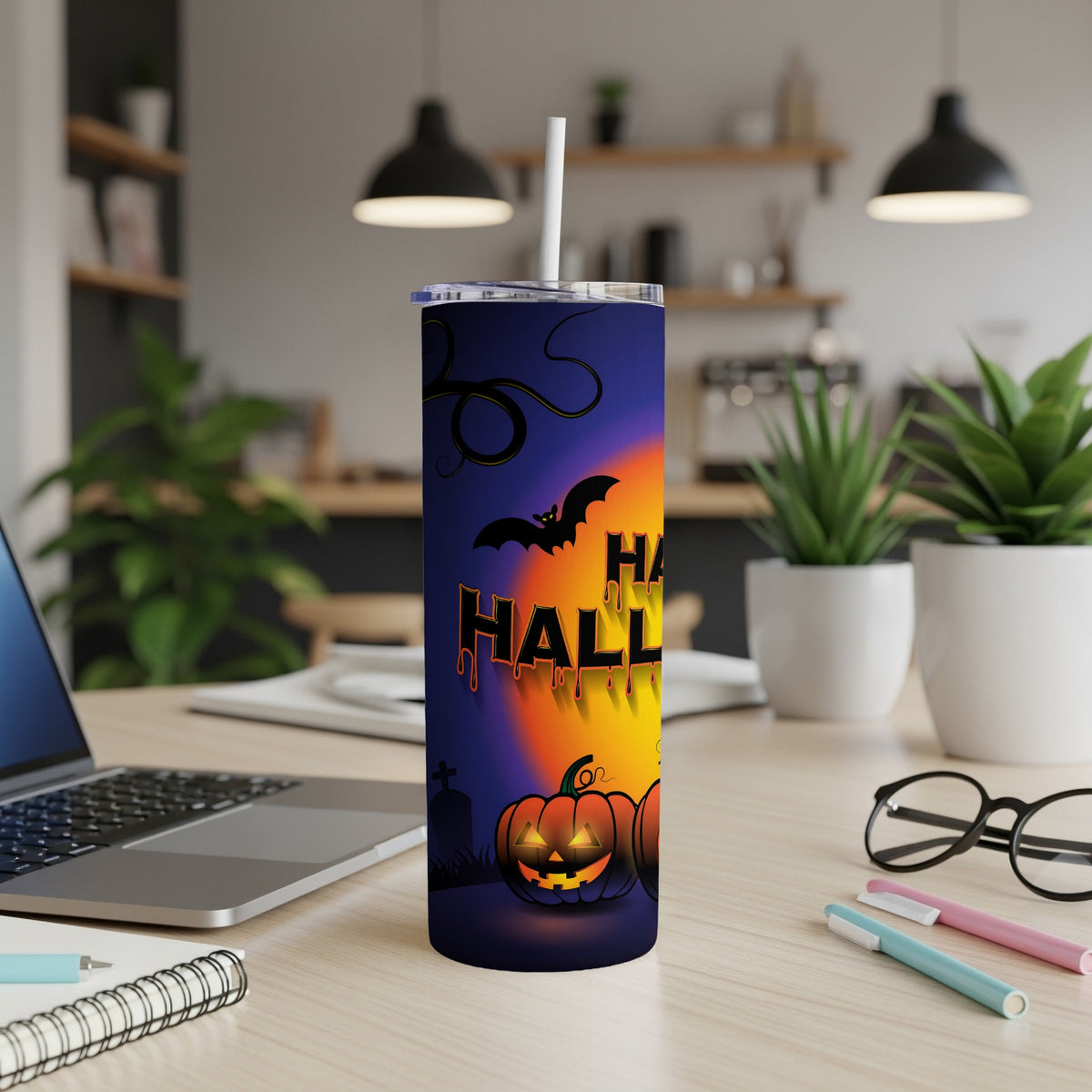 Halloween tumbler with pumpkins, bats, and dripping text on a gradient background.