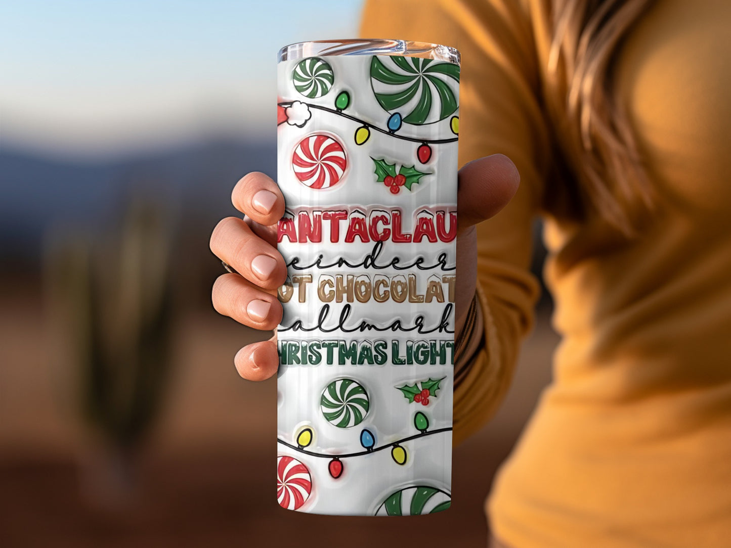 Festive Christmas Lights and Sweets Tumbler Cup Design