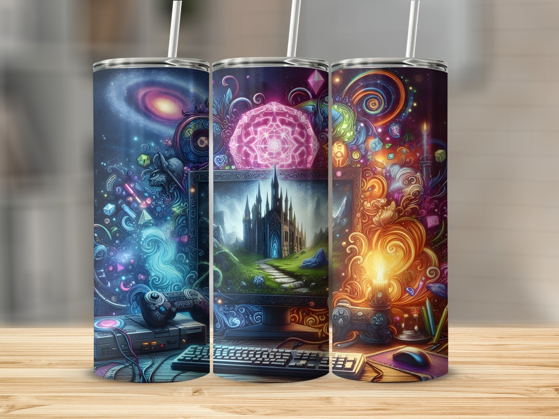Three tumblers with fantasy gaming art: castle, crystals, and cosmic scenes.