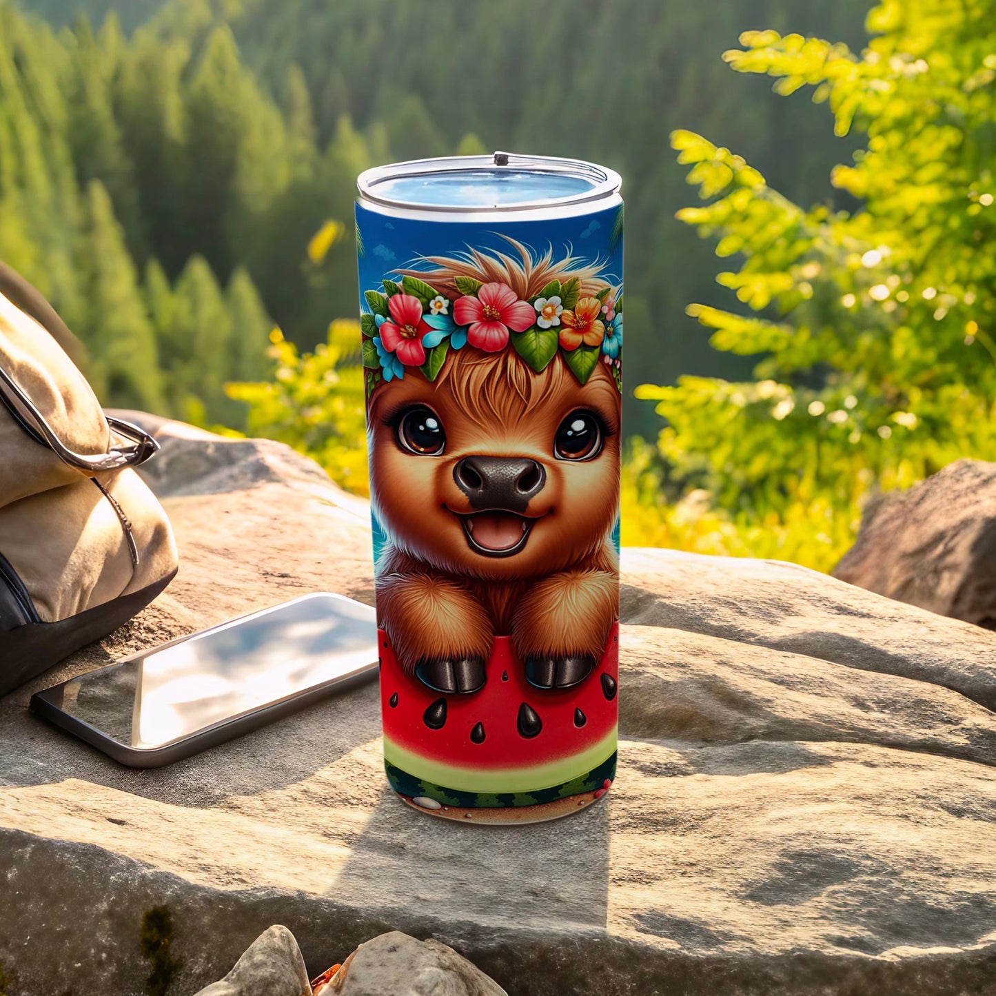 Cute llama tumbler with watermelon and floral crown on rock.