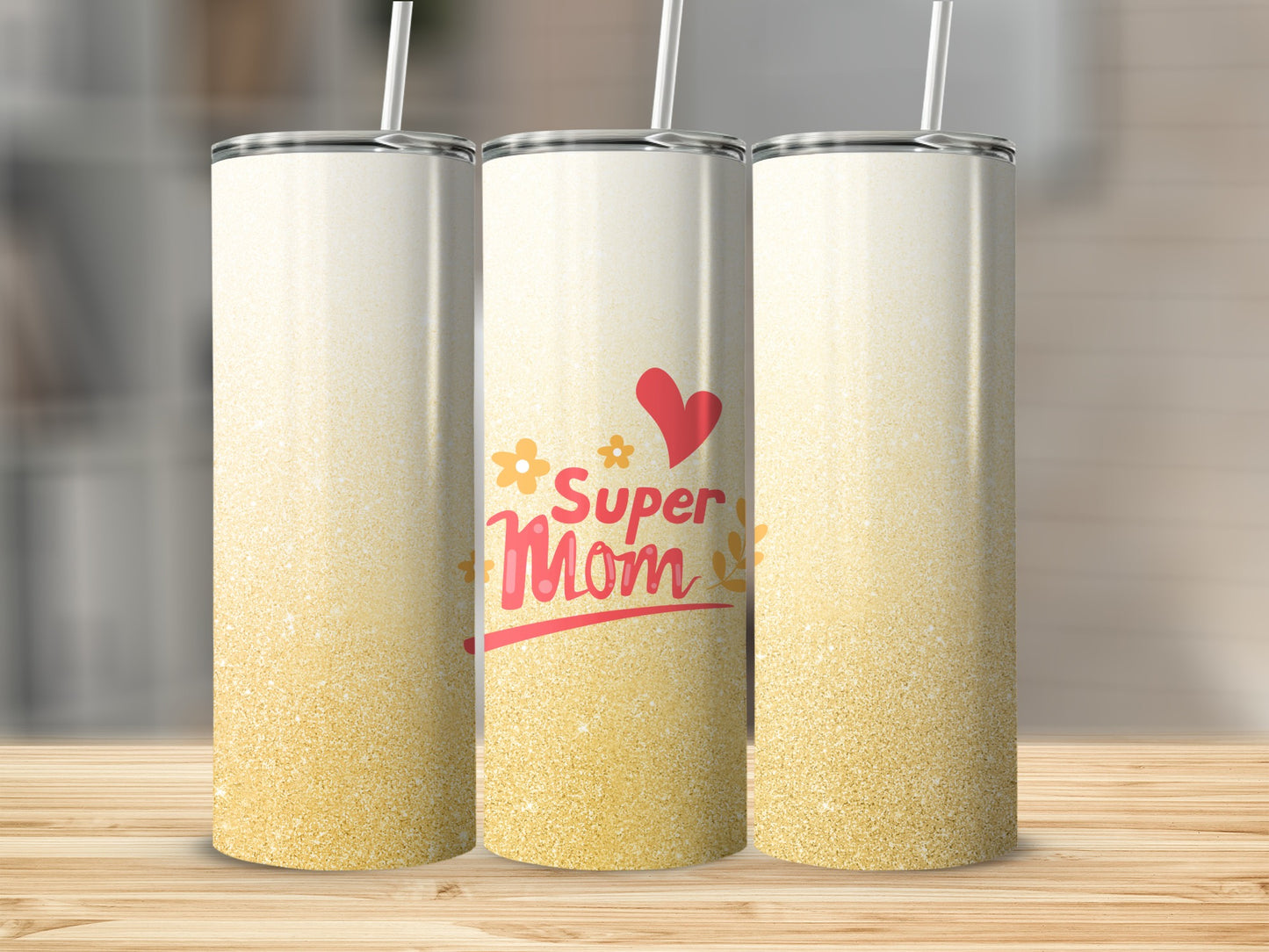 Three tumblers with "Super Mom" text and glitter design.