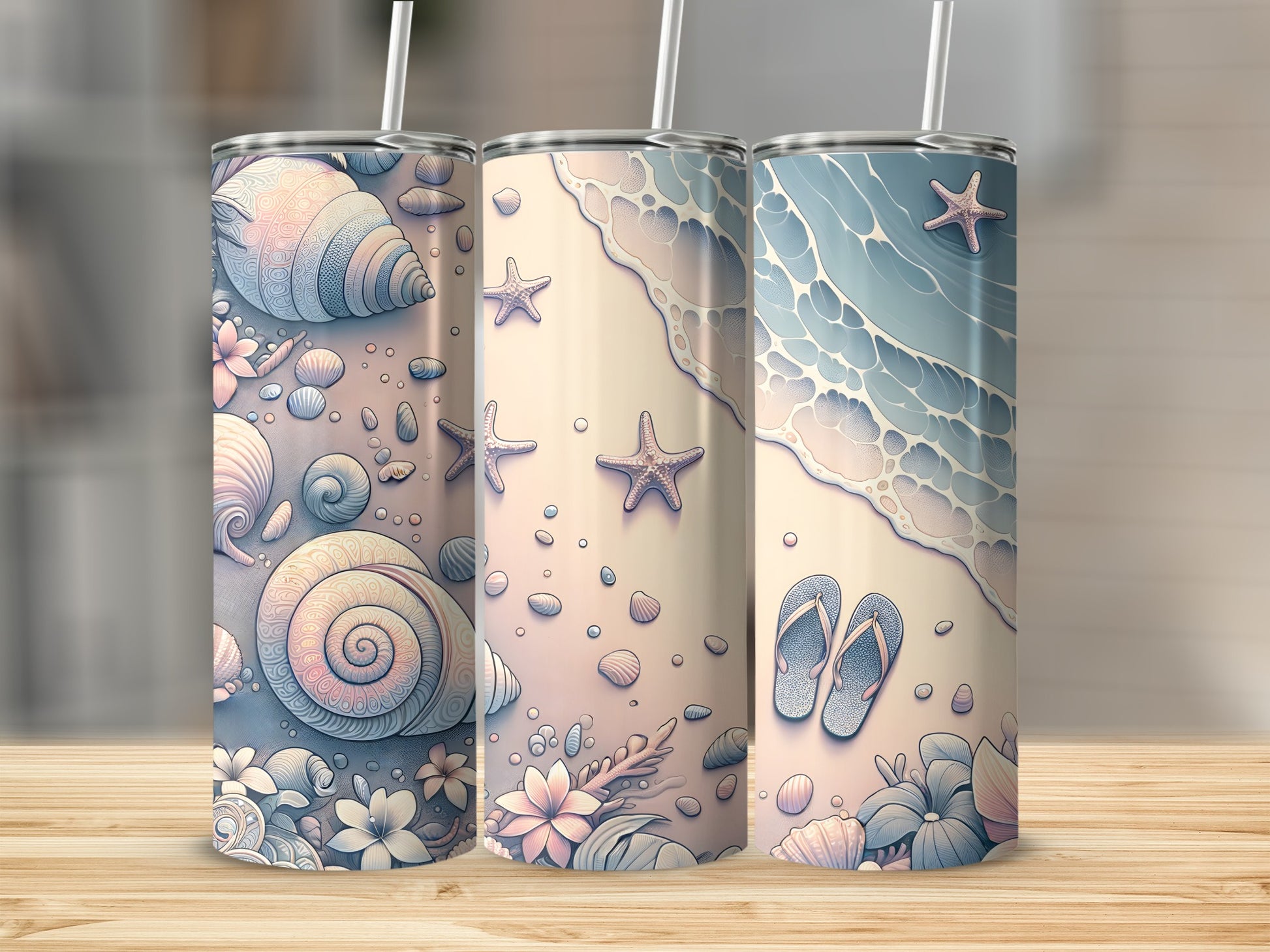 Three tumblers with pastel beach seashell and wave designs.