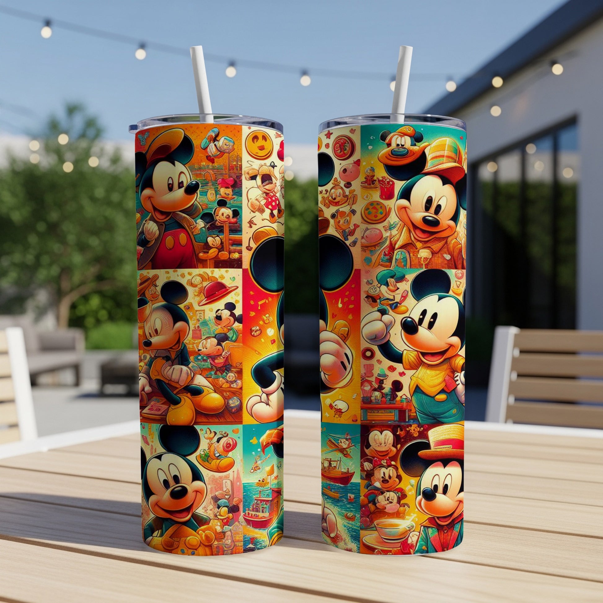 Two tumblers with a collage of Mickey Mouse cartoon scenes and characters.