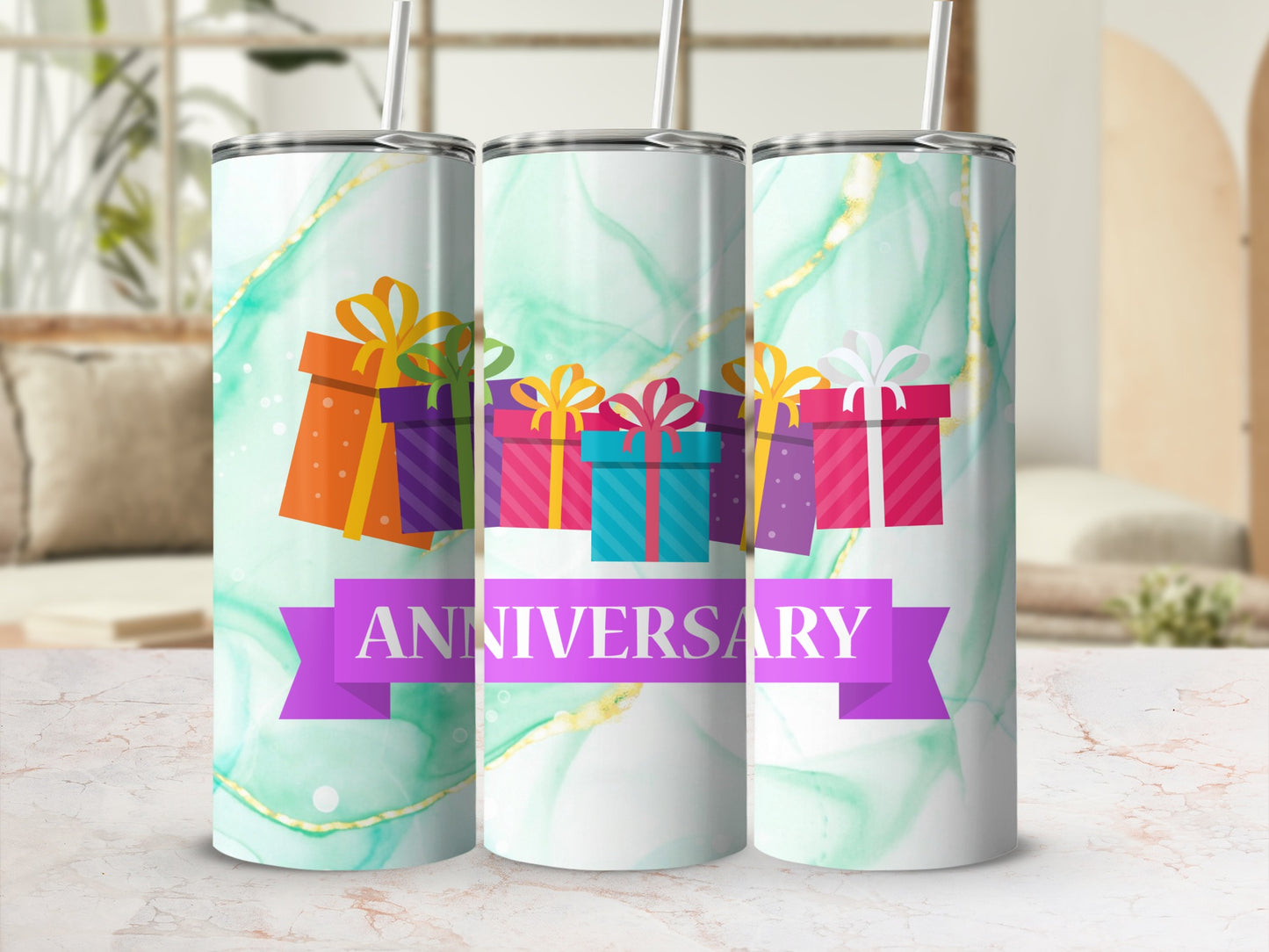 Three tumblers with colorful gift boxes and "Anniversary" banner.